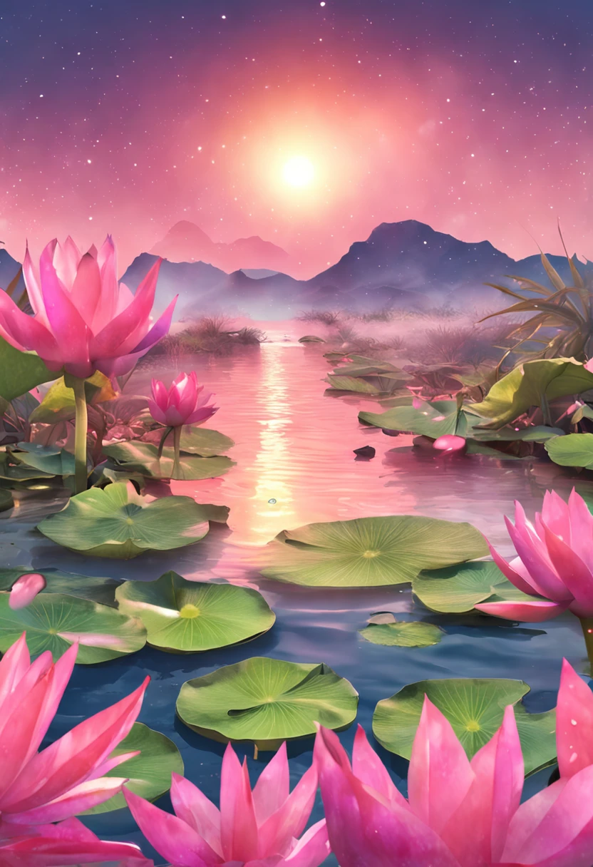(watercolor paiting:1.5), Abu Abu Abang seasoning makes a pink morning sun, rainbows, Water drops on lotus leaves. (Luminescent:1.3)