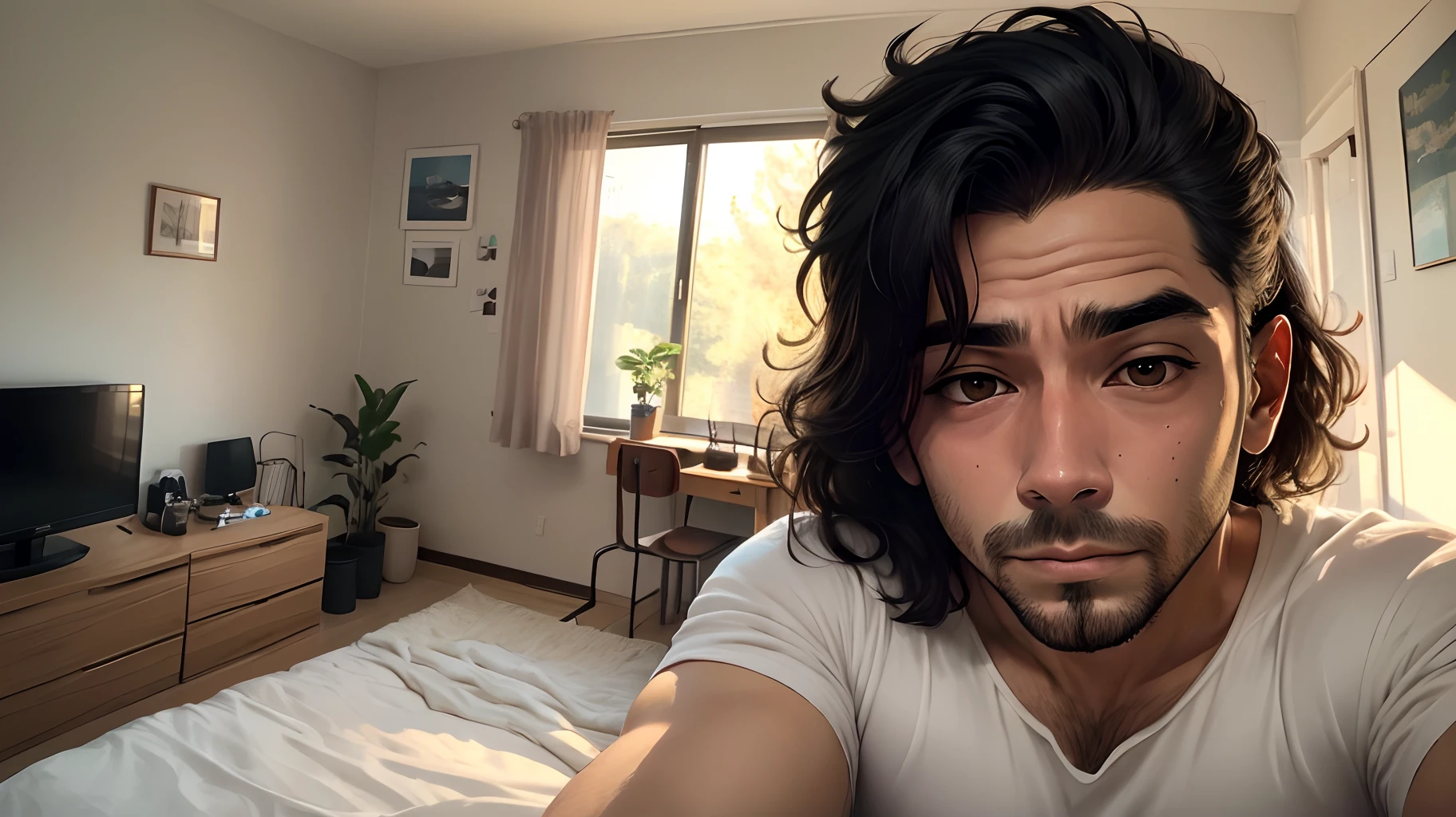 Selfie de homem deitado na cama no escuro sem aparecer muito o rosto quarto bem escuro