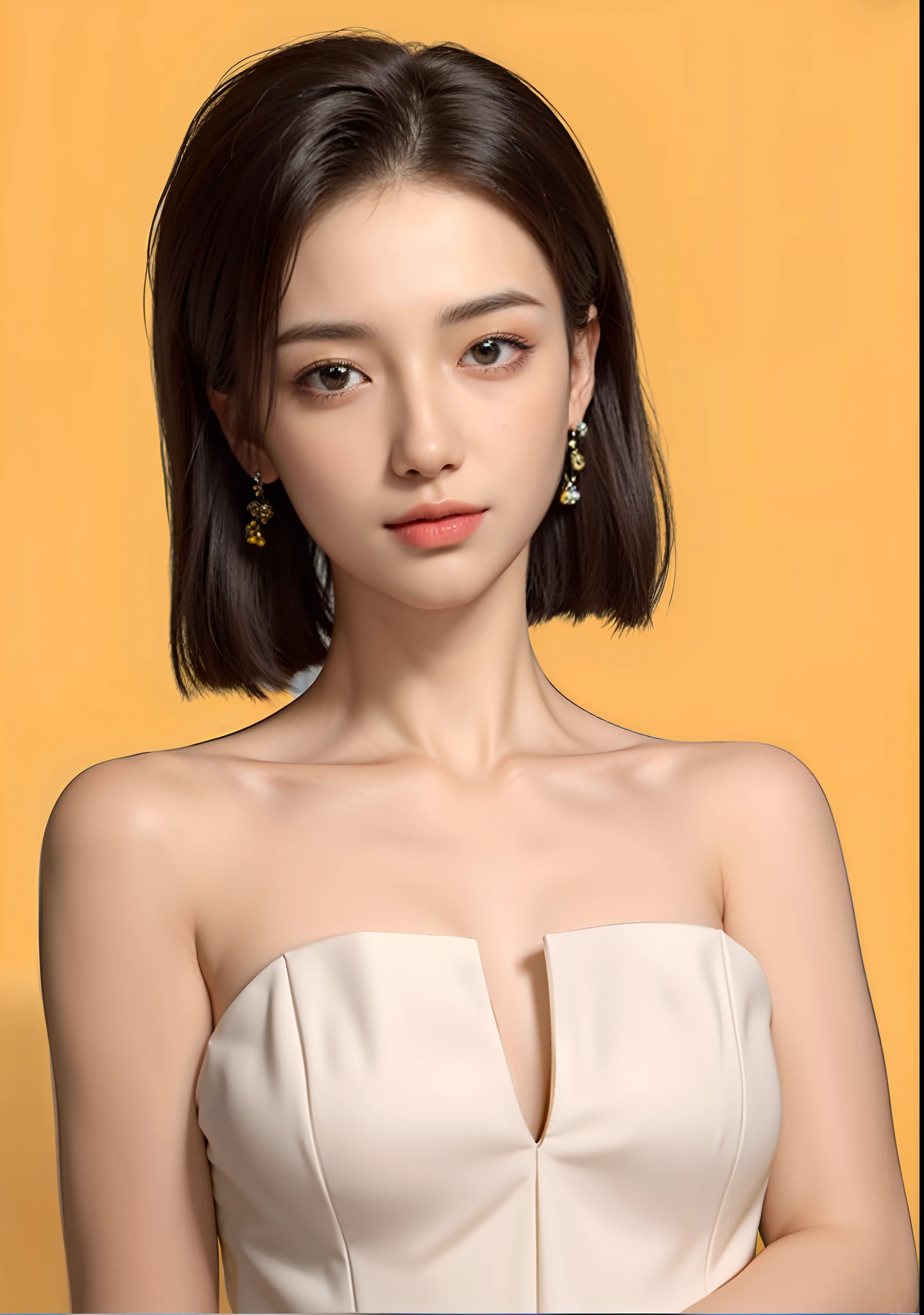 ((Best quality, 8k, Masterpiece :1.3)),Ultra-detailed face, Detailed eyes, Double eyelid, black short hair,jewelry, earrings,yellow strapless dress, upper body,