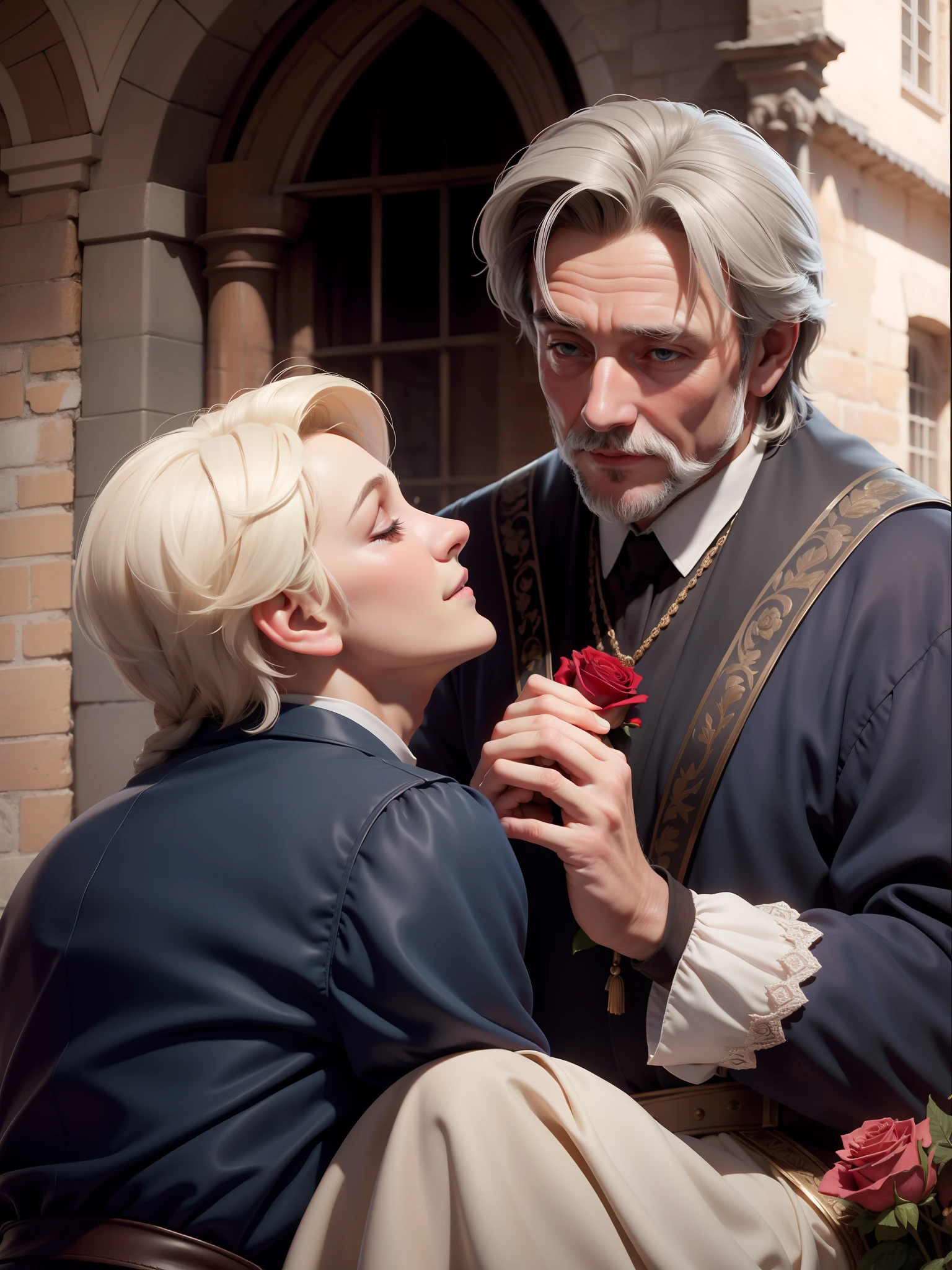Realism close-up, Depth of field. Shakespeare. 1200s. Old 50-year-old Romeo gets down on one knee and gives a rose to the old 50-year-old Juliet. Blurred background of a medieval city, Light haze