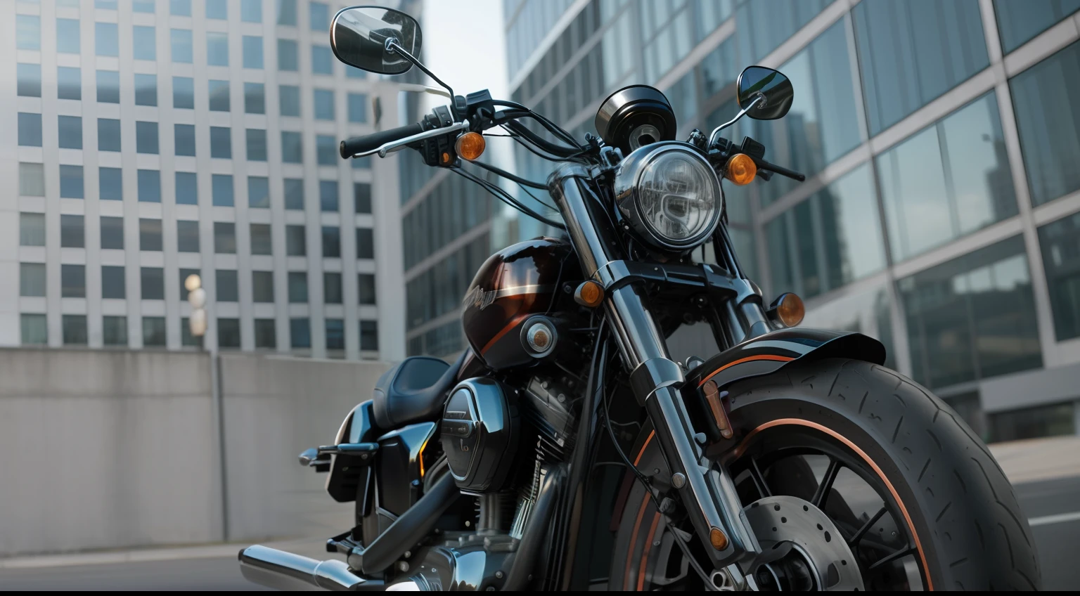There was a motorbike parked in front of a building with a city as a backdrop, semi - realistic render, hyper realistic rendering, harley davidson motorbike, The octane engine renders 8K HDR, photo realistic render, hyper realistic rendering, hyper - realistic render, hyper realistic detailed rendering, rendered in povray, rendered in cgi, realistic cgi render, realistic CGI