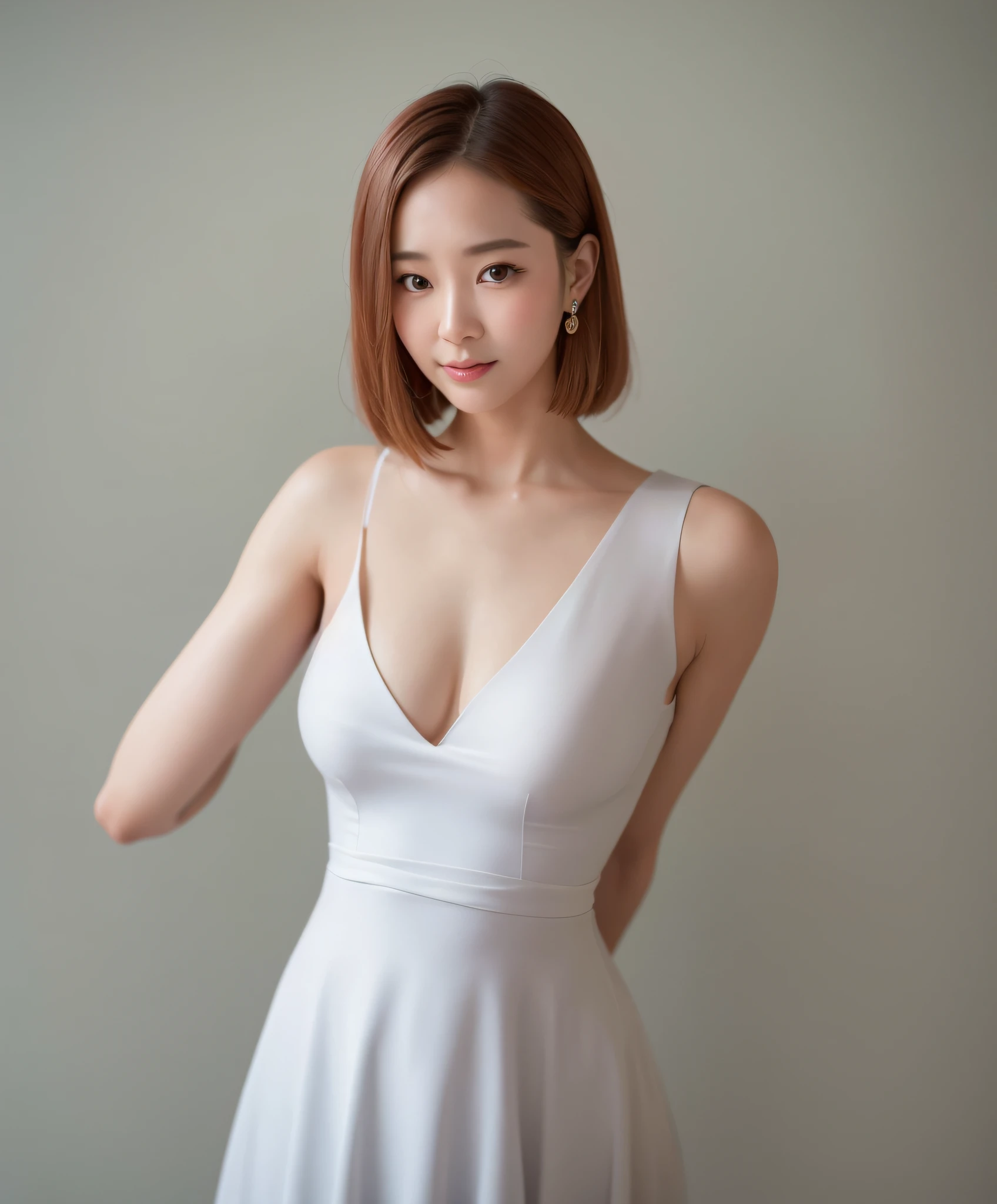 Asian woman posing for photo in white dress and earrings, Gorgeous young Korean woman, Beautiful young Korean woman, with short hair, young lovely Korean faces, beautiful Korean women, cute delicate face, Korean symmetrical face, Wearing pearl earrings, young cute wan asian face, Choi Hyun-hwa, Lee Ji-eun, lee ji eun