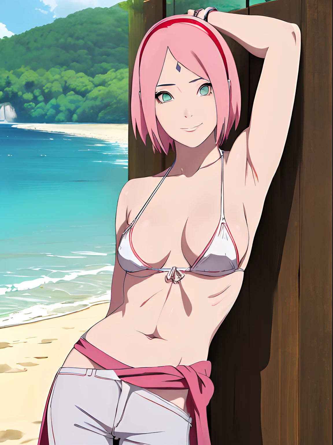 masterpiece, 4k, portrait, cowboy shot, professional artwork, detailed beach background, intricate details, colorful, digital blending, (ultra detailed body, ultra detail hair, ultra detail face), trending on pixiv, kind smile, best quality, anime style: 1.9, 1girl, hires, haruno sakura, (forehead mark, milf, red hairband, pale skin, small breasts, short hair, ((bare neck, white(micro) bikini top, (bikini top only)), (red dress tied around waist), white pants), (navel, belly button, slender body, slender belly, bracelet, pink hair, closed mouth, big eyes), smile, beach, wind, floating hair, detailed arms, off-shoulders, broad shoulders, (slightly muscular arms, slightly strong biceps), (dirty armpits, armpit pocket), standing)