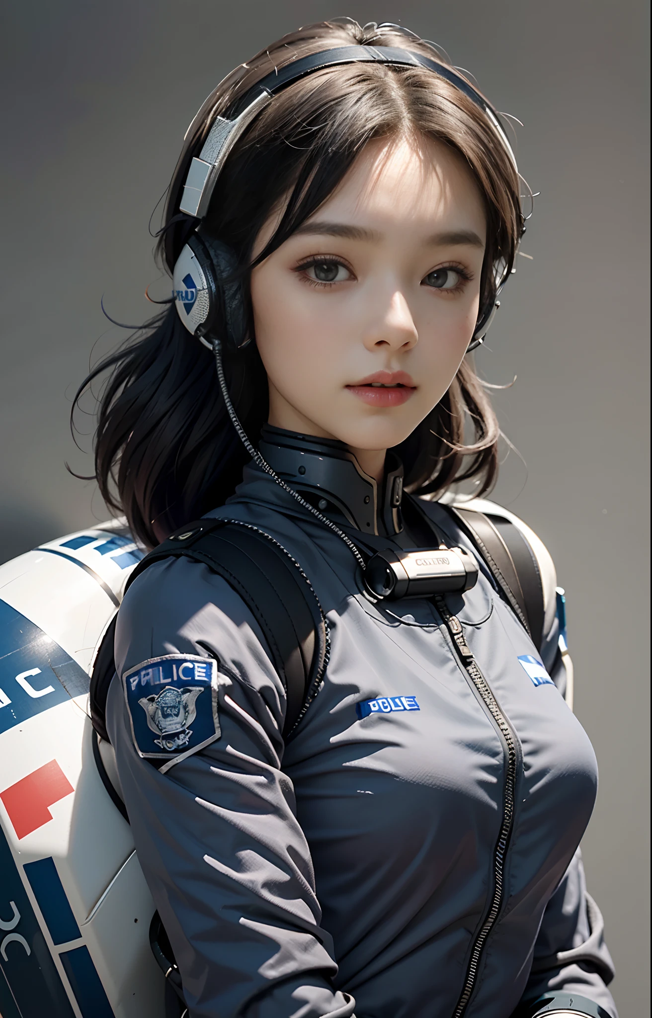 Highest image quality, outstanding details, ultra-high resolution, (realism: 1.4), ((close up:0.75)), highly condensed 1lady, with beautiful and a delicate face, perfect proportion, (chubby:0.3, small breasts), (wearing racing suit likes police uniform, black and gray mecha, wearing high-tech headset, military harness, holding a machinegun), captain, background simple gray wall,