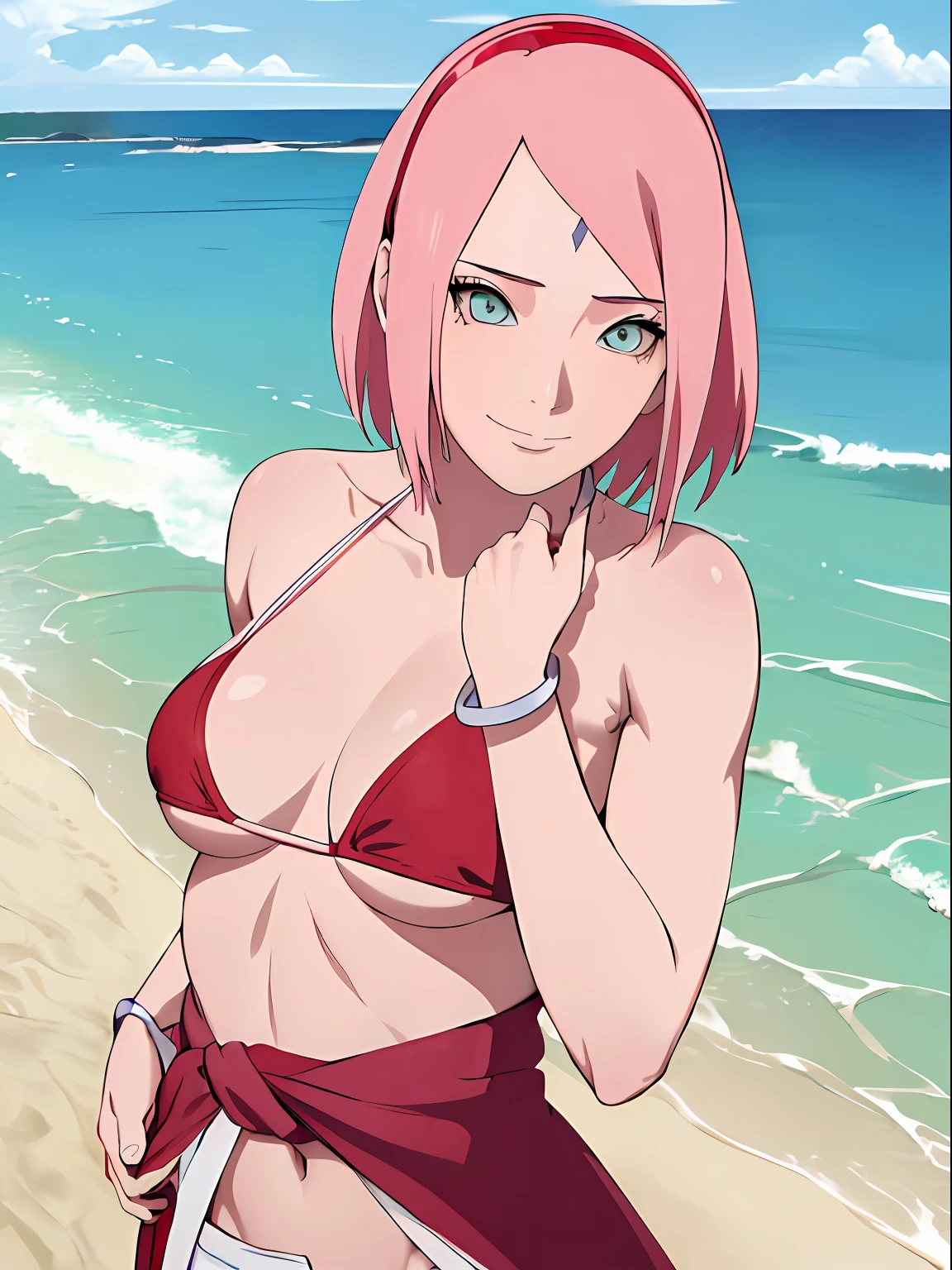 masterpiece, 4k, portrait, cowboy shot, professional artwork, detailed beach background, intricate details, colorful, digital blending, (ultra detailed body, ultra detail hair, ultra detail face), trending on pixiv, kind smile, best quality, anime style: 1.9, 1girl, hires, haruno sakura, (forehead mark, milf, red hairband, pale skin, small breasts, short hair, ((bare neck, white(micro) bikini top, (bikini top only)), (red dress tied around waist), white pants), (navel, belly button, slender body, slender belly, bracelet, pink hair, closed mouth, big eyes), smile, beach, wind, floating hair, detailed arms, off-shoulders, broad shoulders, (slightly muscular arms, slightly strong biceps), (dirty armpits, armpit pocket), standing)