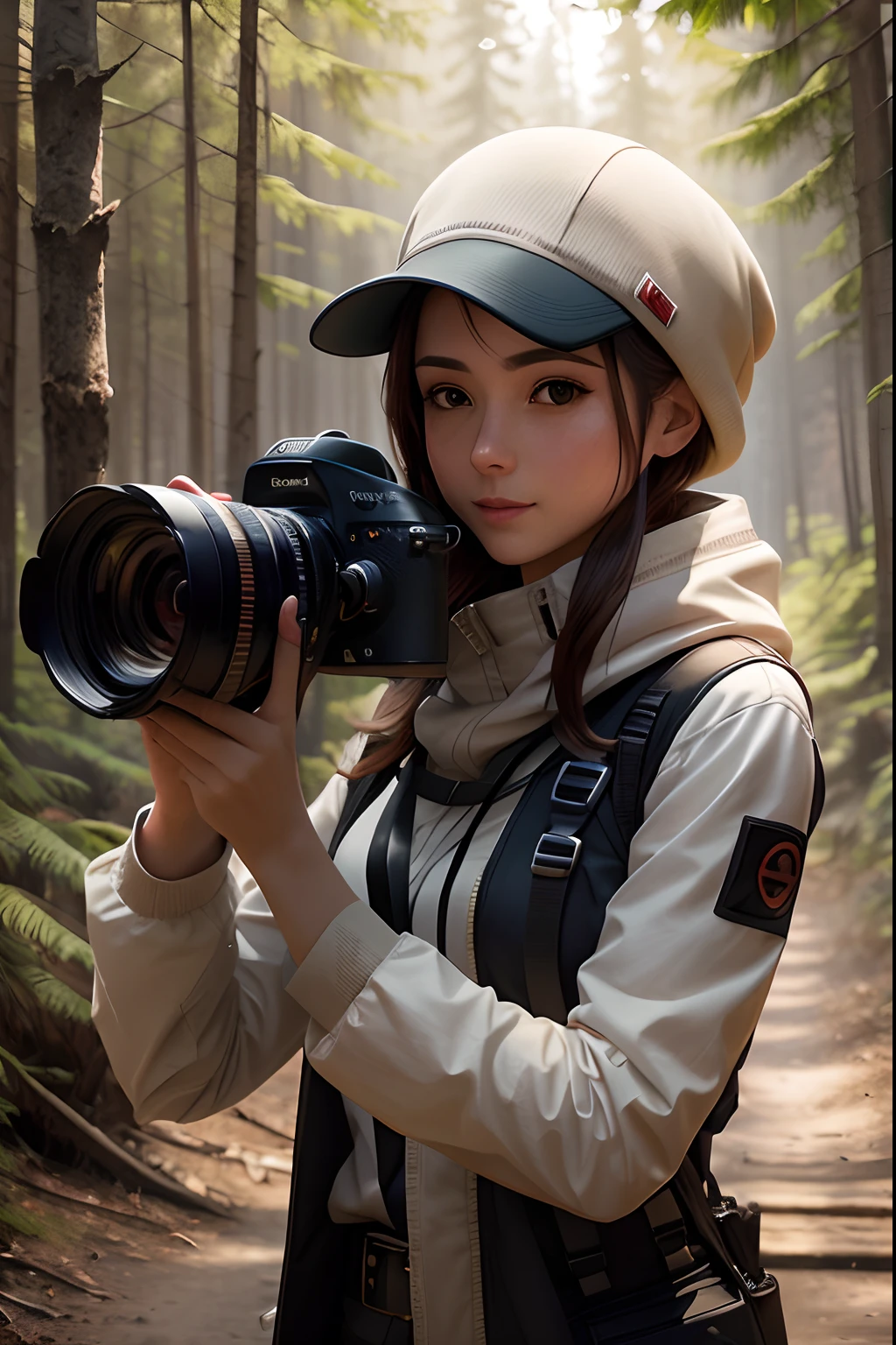 Arad woman holding a camera in a forest with trees, Ross Tran 8 K, alena aenami and artgerm, wojtek fus, Photography], wlop and ross thran, Anime style mixed with Fujifilm, Cinematic. author：leng jun, Cinematography concept art, Guviz-style artwork, IG model | Art germ girl with camera in hand walking through mountain trail