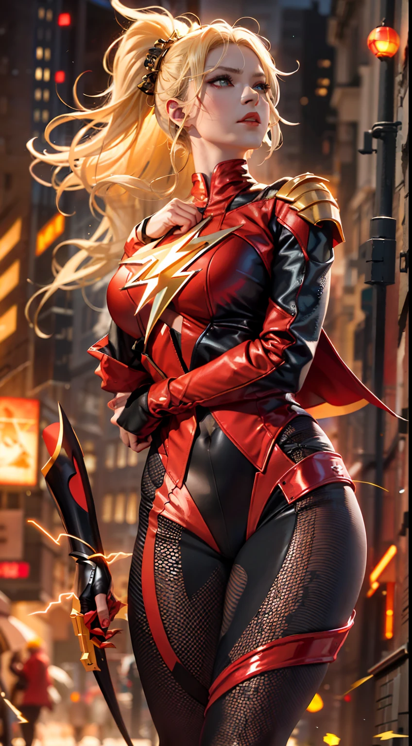 On the streets of Gotham City,(realisticlying:1.2),(hentail realism),(tmasterpiece:1.2),(best qualtiy),(Hyper-detailing),(8K,4K,复杂),(full body shot shot:1),(85mm),Particle light,illuminating,(high detal:1.2),(Detailed face:1.2),largeeyes,beautiful goddess woman,putting makeup on,s the perfect face,Perfect lighting,1girll,DC Super Hero Movie,The Flash Woman,blond hairbl,short detailed hair,The Flash,speedster,Death glow,Serious look, tight leather clothes,Sexy red tights,Openwork onesies,high-heels,Thin waist and thick hips,upper legs,Faust,huge boob,Red metal tights,There is a single-fold yellow lightning glowing pattern on the chest,The elbows are surrounded by a yellow lightning bolt pattern,There is a yellow lightning bolt pattern at the waist,yellow boots,There are streamlined ornaments on the outside of the ears。There are black or gold lines on the structural lines of the body,(Glowing skin),Glowing skin,Yellow aura of power,green pupills,Gravel background,Broken ground,(finelydetailedskin:1.3),(nice hand),Detailed hands,detailed back ground, perfect eyes, Seductive eye, looking at viewert, From the front,cinematric light,edge lit,超高分辨率,Best shadow,delicated,octanerender,unreal-engine,Speed through the streets of Gotham City,Running posture,Yellow lightning effect surrounds,