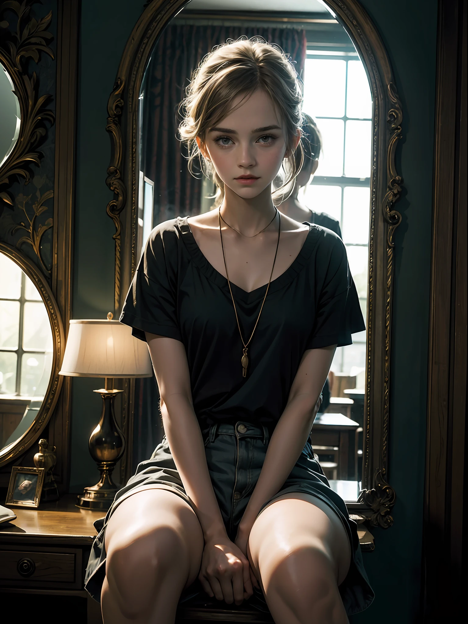 teen emma watson as a adult movie actress. inside dark studio. sitting. background mirrors. horror setting. distorted reflection on mirror. darkness. sharp focus. cinematic lighting.