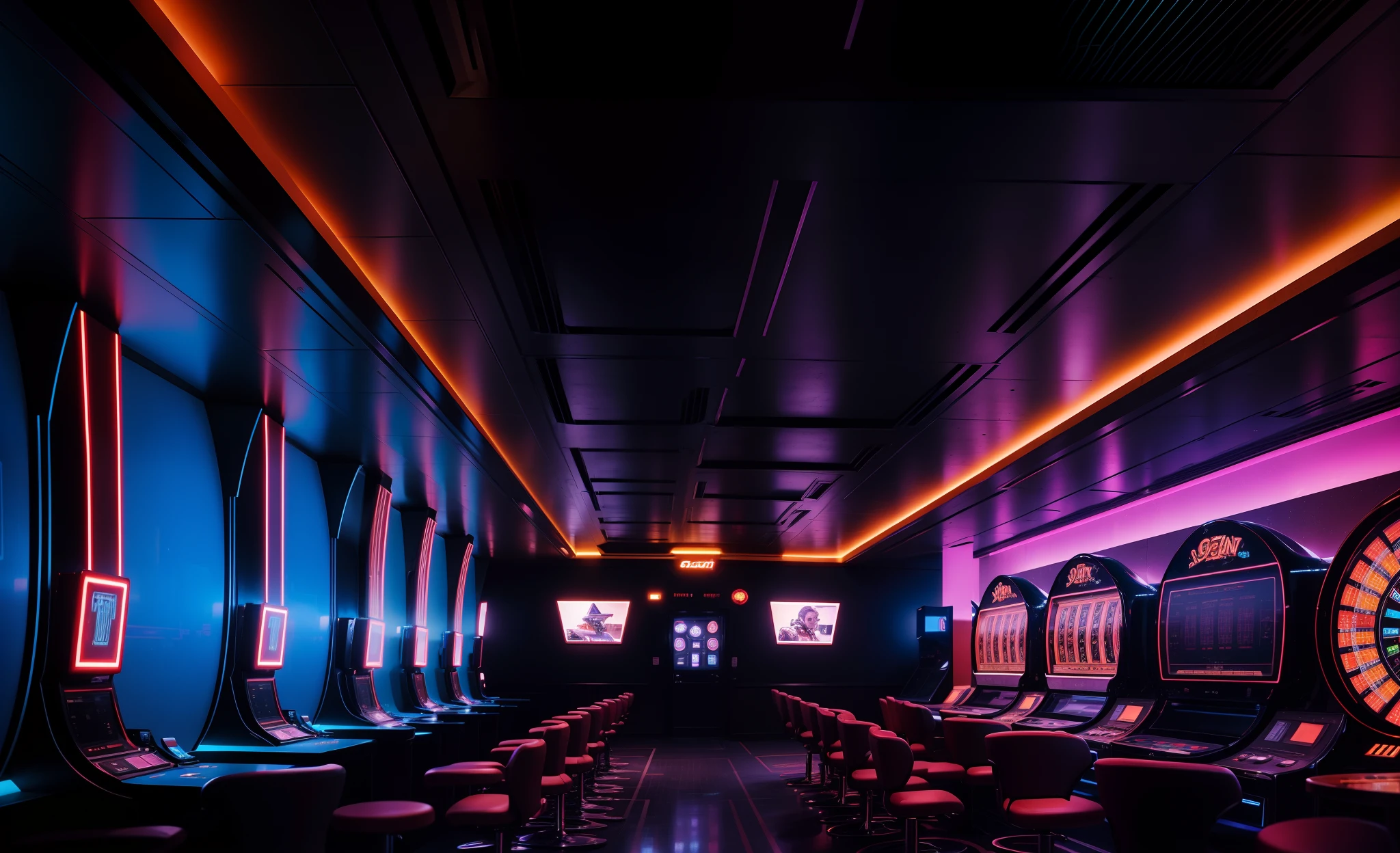 The interior of the casino is made in a futuristic style, Discreet gray gamma, Metal walls, On the walls there are panels in the style of sky fi;, hiquality, Gaming tables in the center of the hall, neon rim lights, Discreet gray gamma