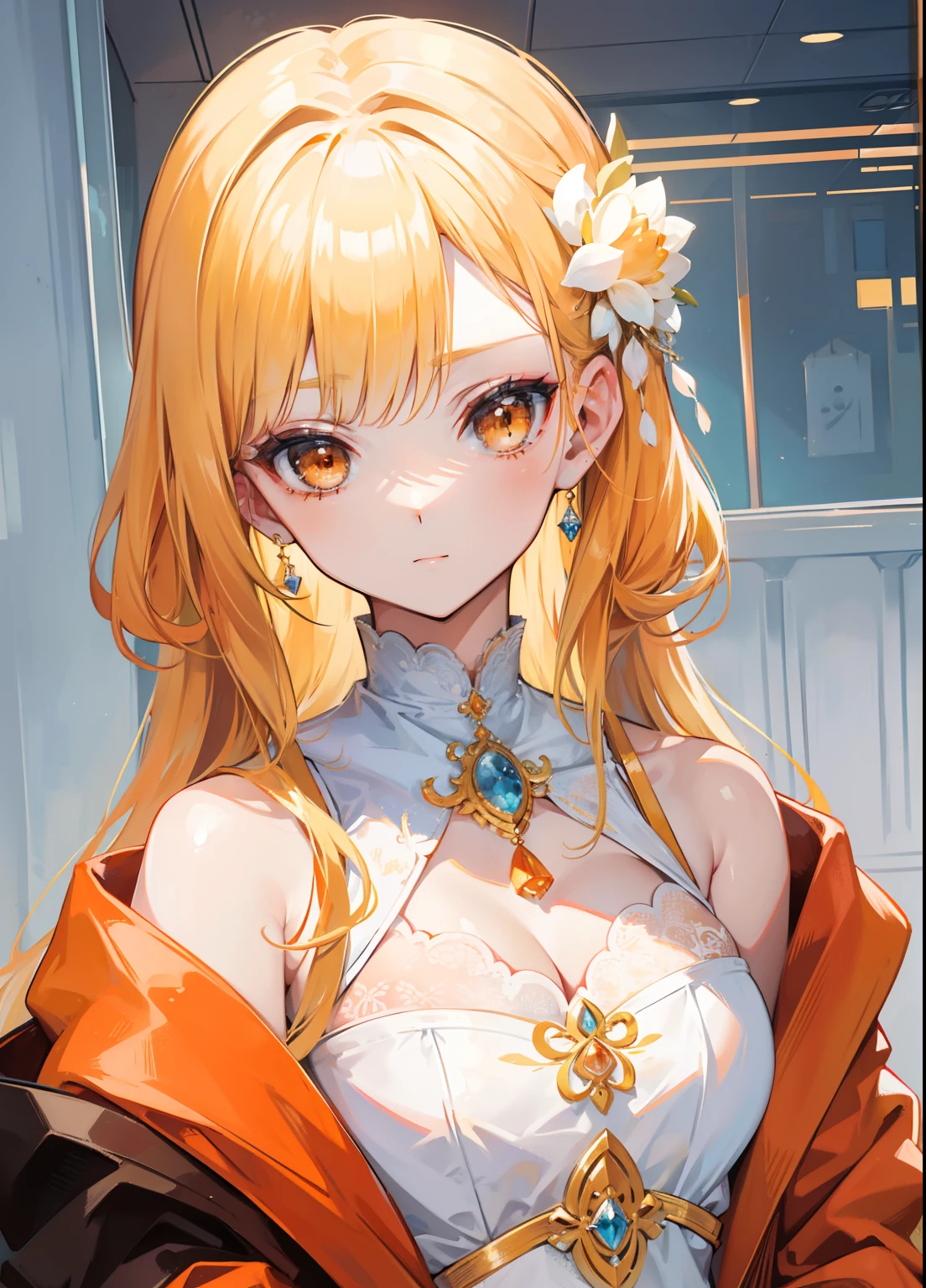 Blonde hair，Orange and white clothes，The royal sister with delicate makeup and shiny face