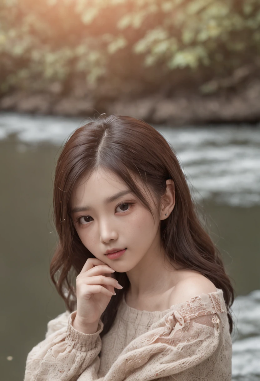Chinese girl walking on the river, mix4, Sweaters, pillow, lips, open_mouth, realistic, photo_\(medium\), solo, stuffed_animal, stuffed_toy, teddy_bear,(masterpiece),(fidelity:1.3),ultra - detailed,(Highly detailed skin:1.2),(best qualtiy:1.0),(超高分辨率:1.0),(ulzzang-6500:0.3),Black wavy detail hair,long whitr hair,rays of sunshine,(Beautiful detailed makeup),(Sexually aroused blush,Heavy breathing:1.0 ), Flower theme flower petals scattered, (Soft light blooms:0.5)