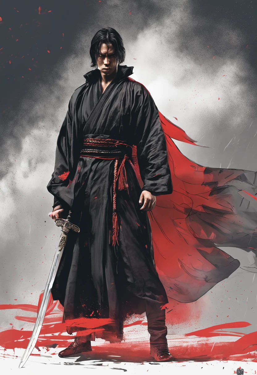 cabelos preto e longos,male people,Hanfu,holding a longsword,Cloud fog,Sword out stance,Fierce eyes