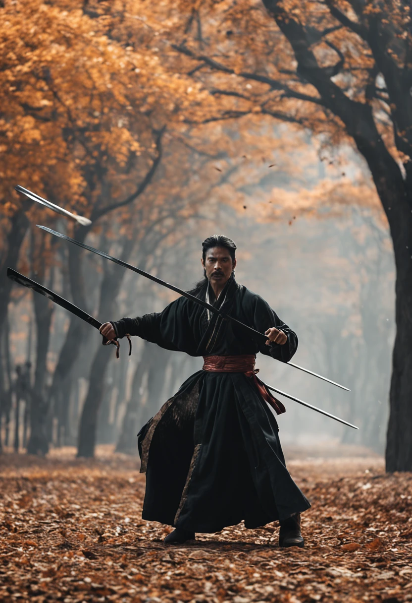 cabelos preto e longos，male people，Hanfu，holding a longsword，Cloud fog，Sword out stance，Fierce eyes