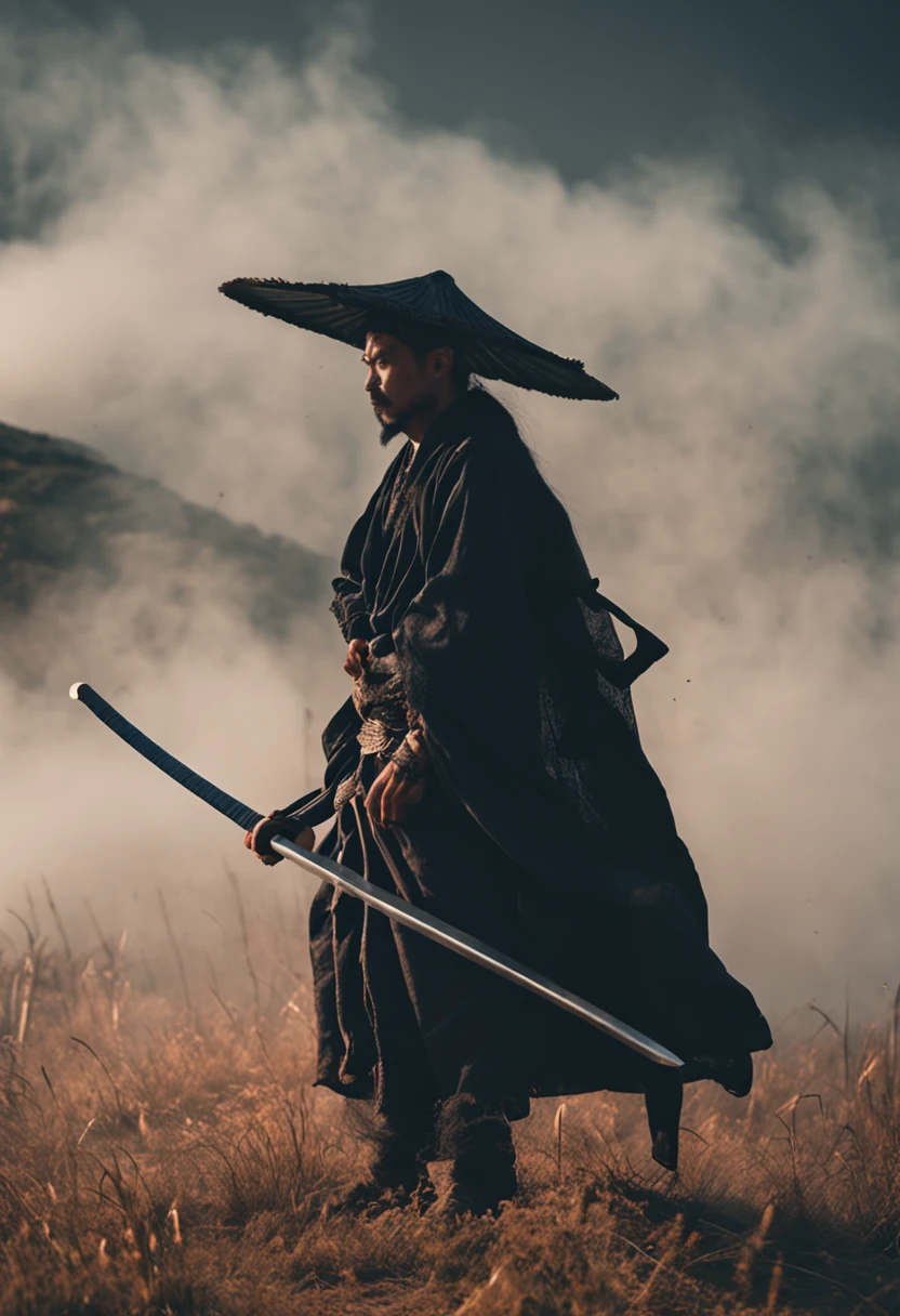 cabelos preto e longos,male people,Hanfu,holding a longsword,Cloud fog,Sword out stance,Fierce eyes