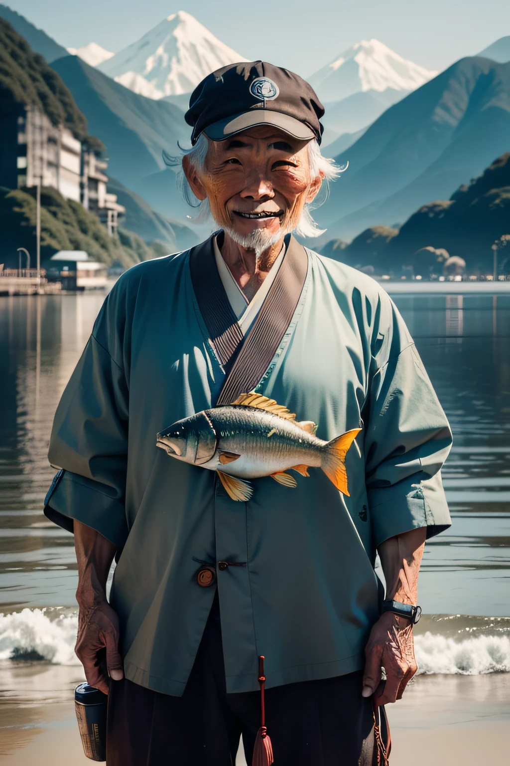 An old Japanese fisherman holds a fish that has just been caught and mutated by nuclear contamination，facing at camera，With a wry smile on his face，The fish is red and covered with barbs, and there is a barb on the top of the head，The water pollution behind it is serious and poor