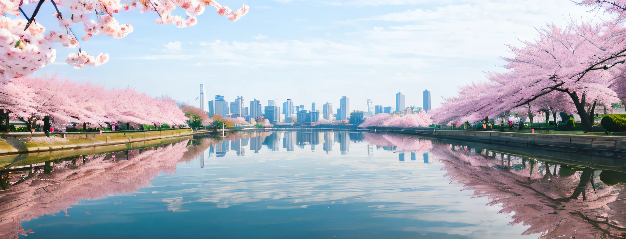 Beautiful cityscape, the cherry trees, sakura season, beautiful cityscape background, Beautiful city,and the sun was shining brightly,with blue sky and white clouds,k hd,high detal,high qulity