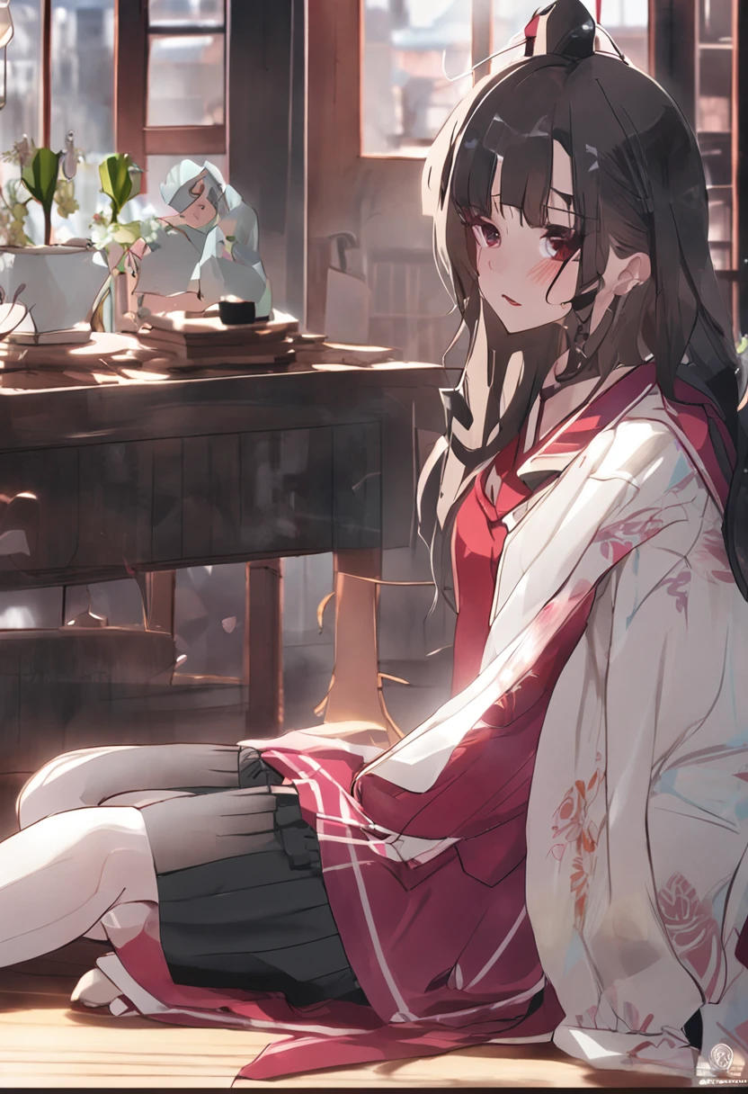 brunette color hair,short detailed hair,Ear ring,Be red in the face,Purple pupils,chineseidol,white stockings,duck sitting,inside in room