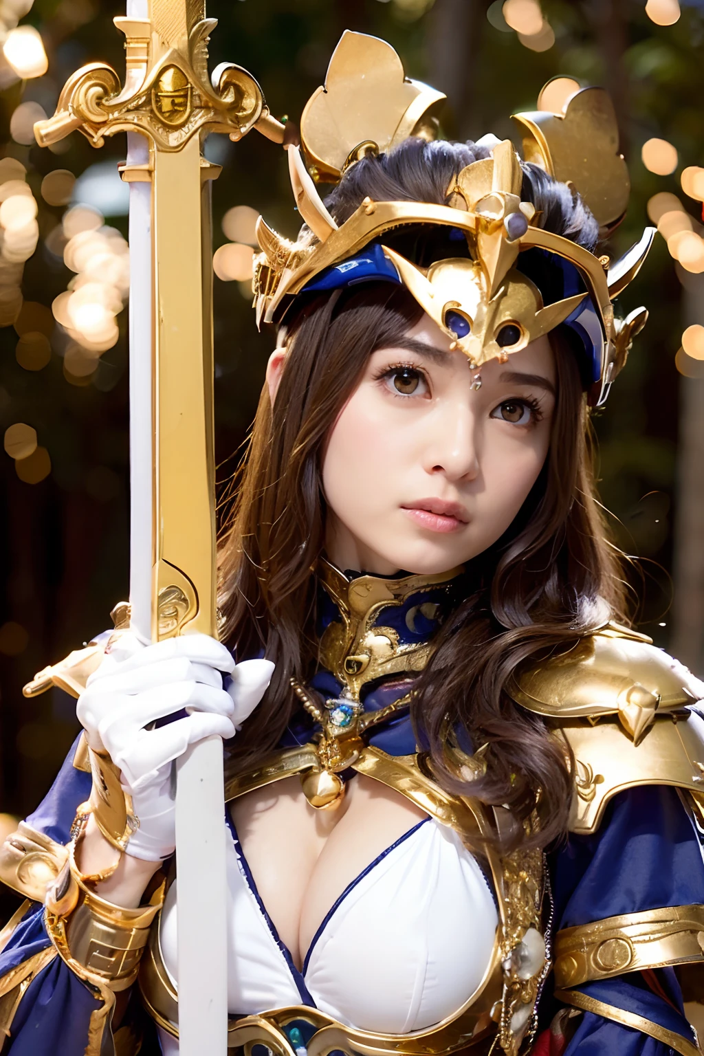 Professional , masterpiece、top-quality、photos realistic , depth of fields ,(Wind element),close-up,dream magical,tornado,Lightning,cleavage of the breast、(Gemstone Gold Jewel Body:1.6),(Matte White、Jewel Gold Weapon_、(Metal:1.4),Gorgeous Jewel Metal Weapons ,(( Detailed Sword of the Brave)) ,(Stand in front of the dragon)、(magic circles、Magic Chanting)、 Castle background ,warhammer 40k ,,Wear a gorgeous jewel helmet with attention to detail、Brown hair、((Gangle's forest background))、Beautiful Caucasian beauty、1a person、dynamic ungle,(((Legendary Armor Jewelry Helmet)))、Particles of light、cleavage of the breast、Battle Pose、Mystical expression、