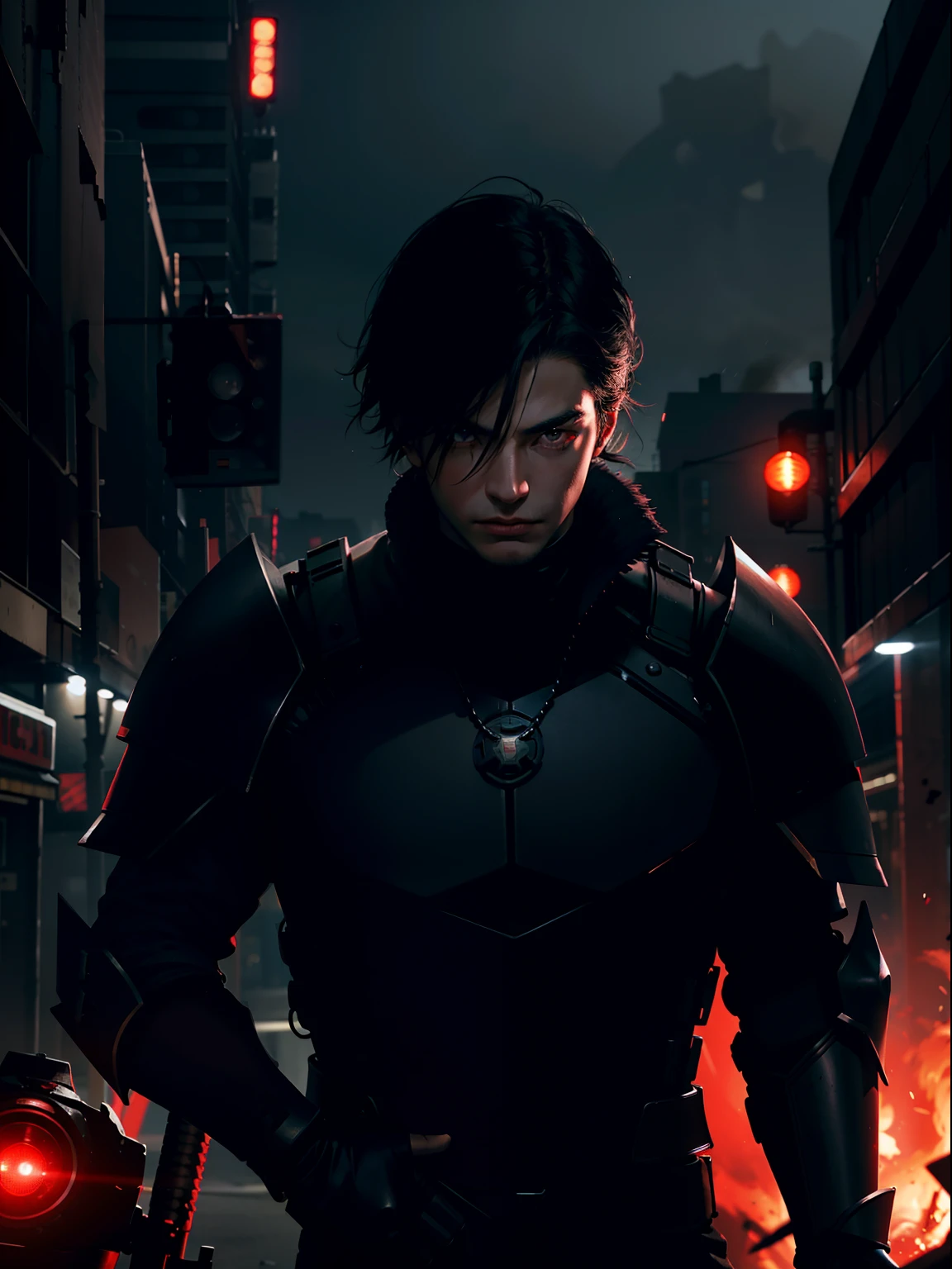 The black-haired male protagonist was equipped with black mechanical armor, and his right eye lit up with a red light and walked out of the wreckage，Steel badge，Theatrical lighting，strongcontrast，Wide-angle lens，city night scene