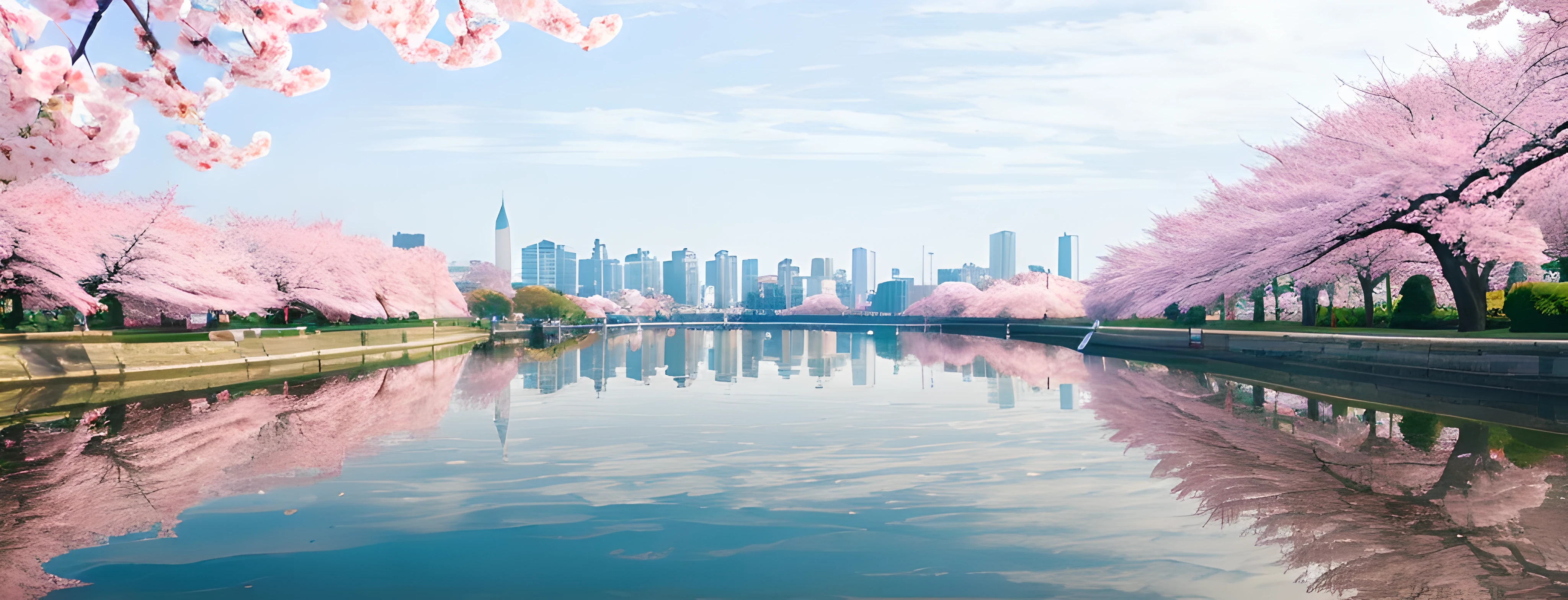 Beautiful cityscape, the cherry trees, sakura season, beautiful cityscape background, Beautiful city,and the sun was shining brightly,with blue sky and white clouds,k hd,high detal,high qulity