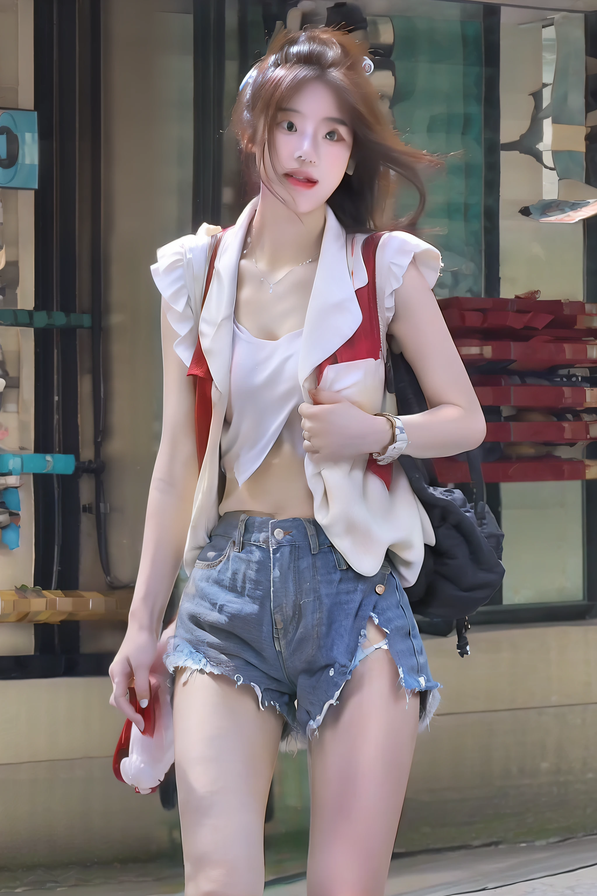 Woman walking down street in white high heels,Ultra shorts,Chest chain,Red nail pieces,You can see the whole body,Mermaid line