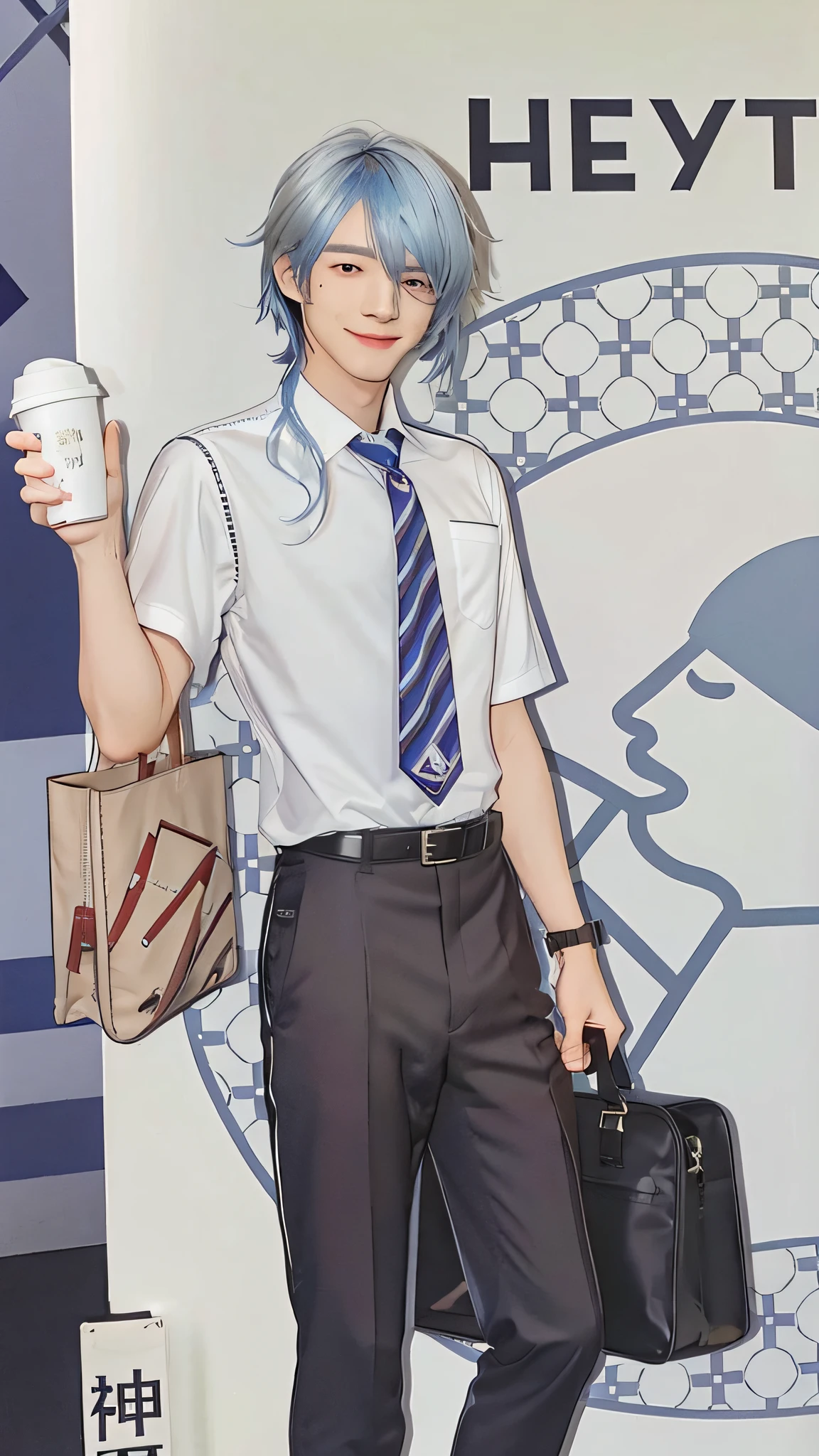 Kamisato Ayato, 1boy, Male focus, shirt, tiese, Solo, Pants, Holding, Moles under the mouth, Blue hair, striped tie, White shirt, bag, school uniform, dark mole, bangs, Short sleeves, holding bag, view the viewer, belt, hair between eye, alternate costume, Smile, Black pants, disposable cup, Ccup, Closed mouth, Black belt, diagonal-striped necktie, streaked, collared shir