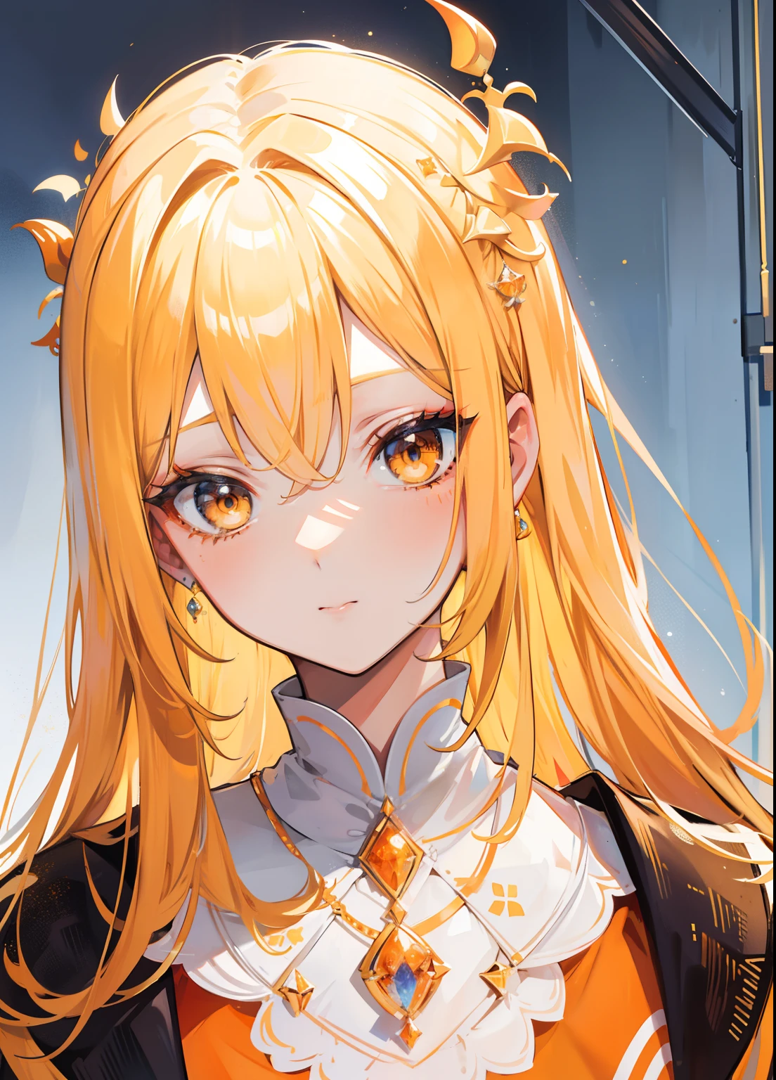 Blonde hair，Orange and white clothes，Exquisite makeup，Royal sister with a shiny face