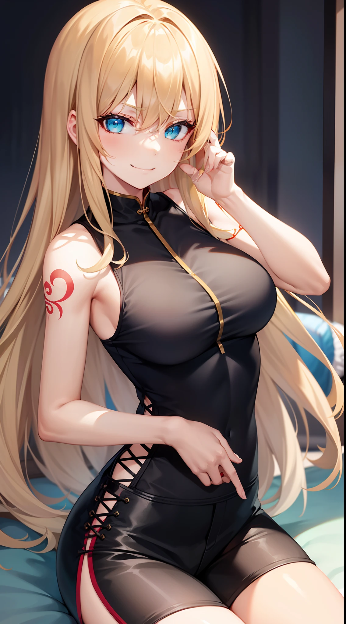 young girl, longue blonde hair, Cyan eyes, Tatoo, smirk, Red Chinese Top, Sleeveless, neckline on the chest, open breasts, Gold Elements, Shorts, tmasterpiece, hiquality