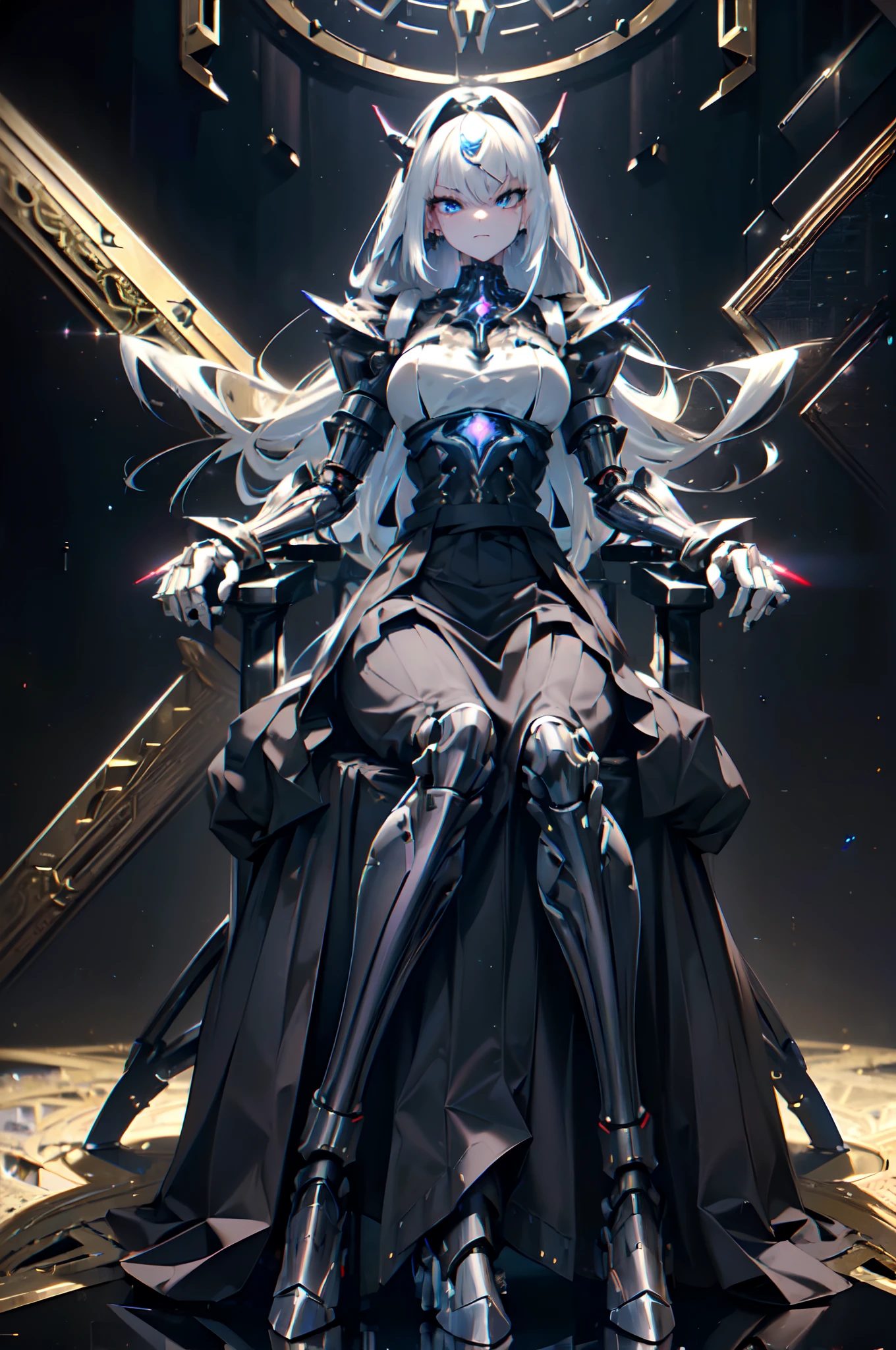 machine skin girl, black long hair, (masterpiece face, masterpiece eyes:1.3), (Exposure of the body's internal machinery:1.3), (Mechanical joints, machanical limbs), (five fingers, 4fingers and 1thumb), (sitting, crossed_leg), smirk, (throne), (Mechanical baroque armor for the upper body only:1.2), (Sharp-angled headgear on both sides of the head:1.2), (Cybernetic long skirt gothic dress:1.4), cyber world, full body, Masterpiece, best quality, captures a super cute moment, depth of field, ultra detailed, ultra high resolution, C4D, Octadale, 3D modeling, 8k, 16k,