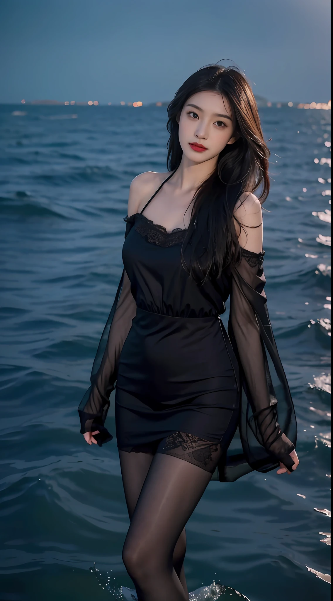 A close up of a woman in a black dress standing in the water - SeaArt AI