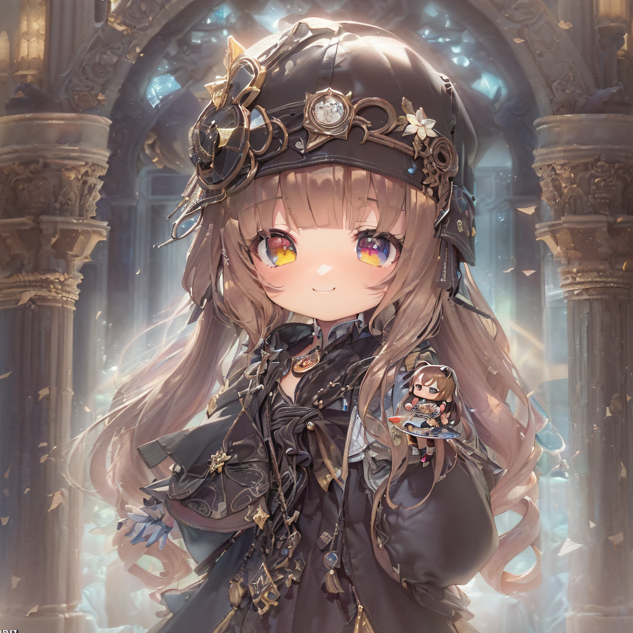 (Chibi:1.5)((masutepiece, of the highest quality, Watercolor art (Pendants), Beautiful and aesthetic: 1.2)), (Golden ratio: 1.2), (Full body: 1.2), (Super Detail: 1.3), (1 persons:1.5)、(1 girl: 1.3), (Fractal Art: 1.3), (Glitter Pupil)),(Brown hair: 1.2)), (Heterochromia), (Colorful: 1.5), (((Shy face)), (full body Esbian), (Hyper-detailing), ((delicate detail)), (intricate-detail), ((Cinematic Light, Highest quality backlight)), High contrast, ((The best lighting, Very delicate and beautiful)), (( Cinematic Light)), (ray trace reflection, Glow), (((glowing aura)), ((Glowing hair)), ((Super Detail)), (8K)), ((a closeup)), ((Seductive smile)) ,((FULL BODYSHOT))、(Chibi:1.5)、(3D Rendering:1.5, Plastic Texture:1.5, Chibi deformation:1.5, Full body, Front view:1.5),(Cane in hand:1.5、Black Wizard Robe:1.5,Braids:1.5)