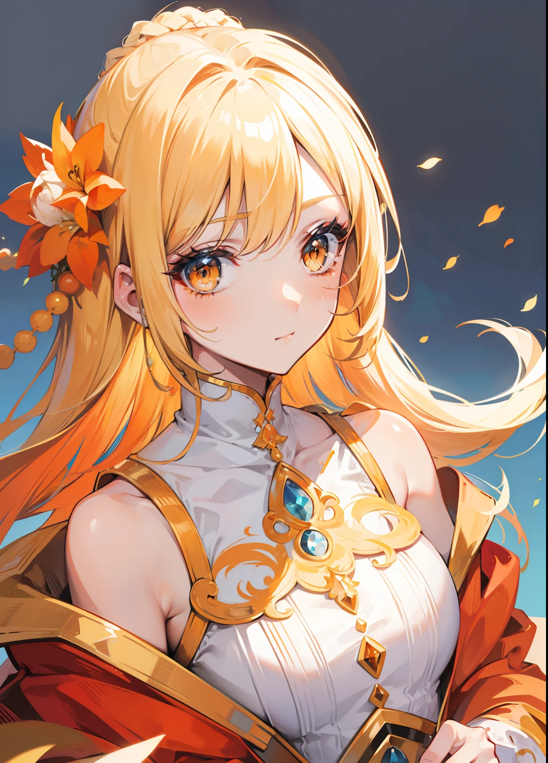 Blonde hair,Orange and white clothes,Exquisite makeup,Royal sister with a shiny face