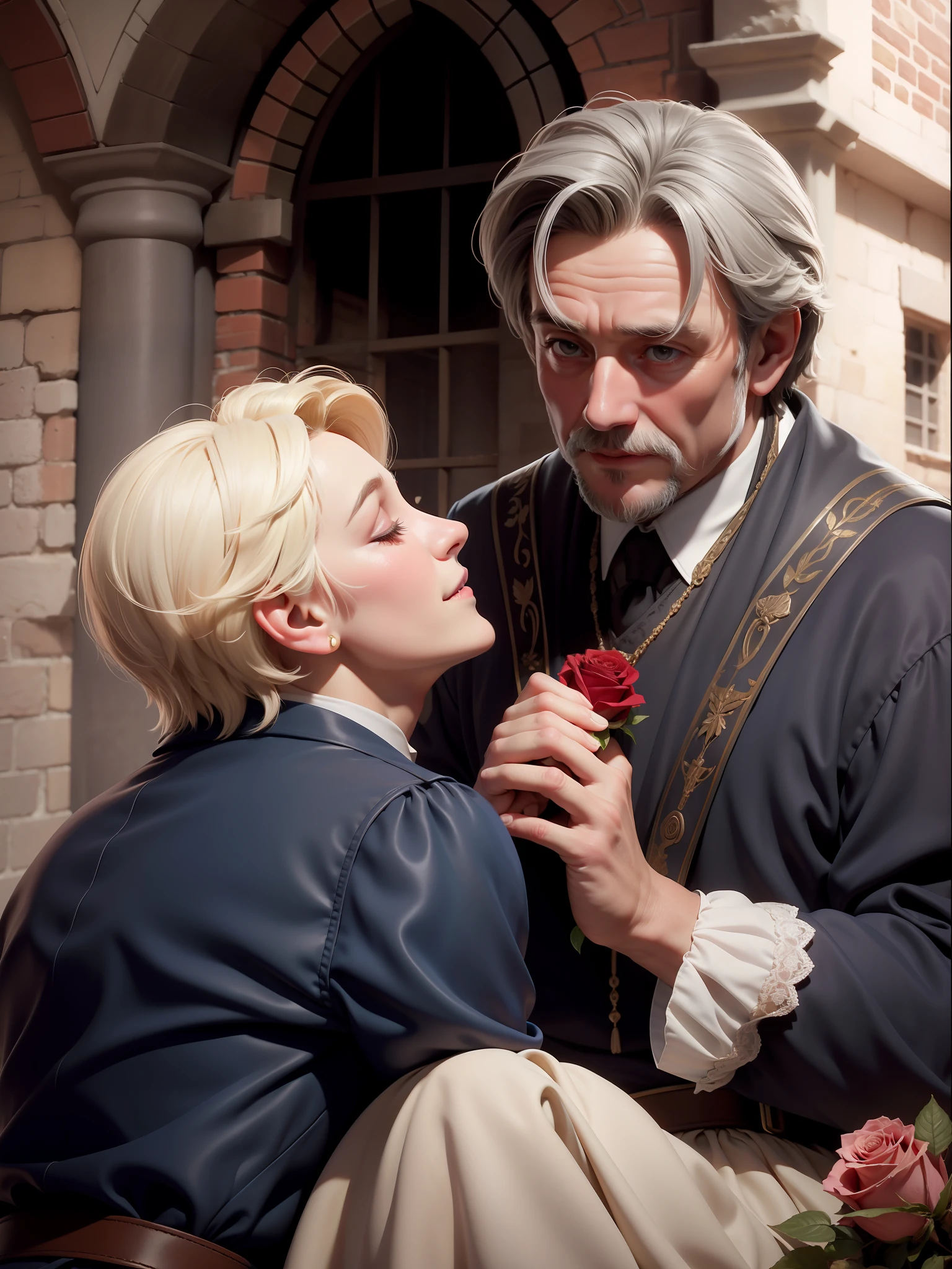 Realism close-up, Depth of field. Shakespeare. 1200s. Old 50-year-old Romeo gets down on one knee and gives a rose to the old 50-year-old Juliet. Blurred background of a medieval city, Light haze