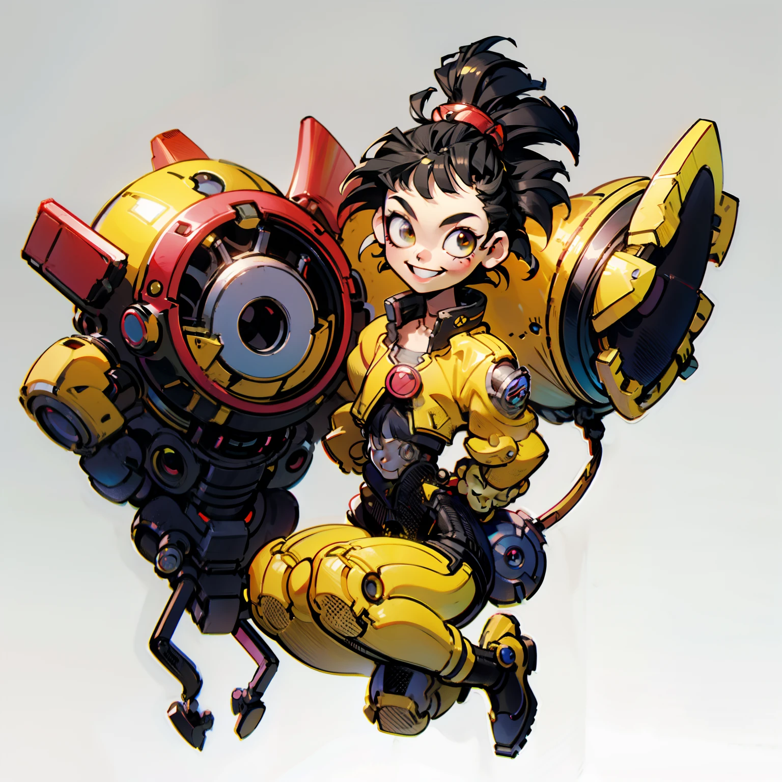 masutepiece, Best Quality, Full body shot, No background, White background, yellows and blacks, Robot Girl, Smile, Chibi, Tomboy, Locket, mohawk hair