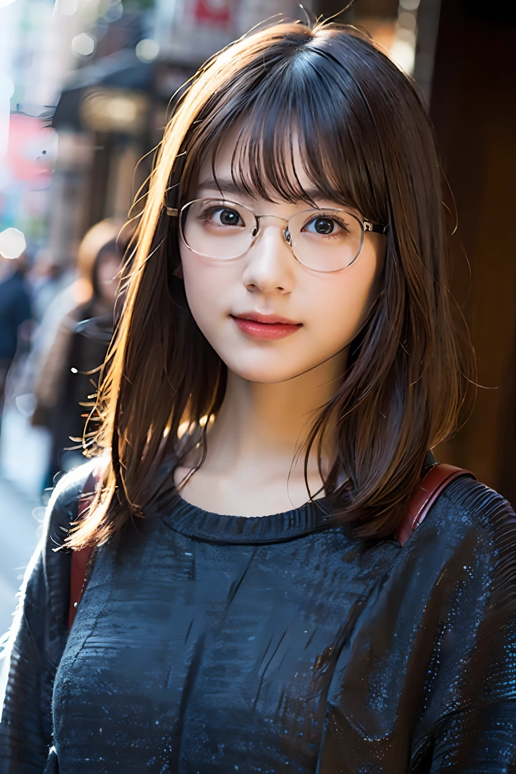 (8K、Raw photography、top-quality、​masterpiece:1.2)、(realisitic、Photorealsitic:1.37)、ultra-detailliert、超A high resolution、女の子1人、see the beholder、beautifull detailed face、A smile、Constriction、(Slim waist) :1.3)、Autumn clothes、Beautiful detailed skin、Skin Texture、Floating hair、Professional Lighting、Hokkaido、Square glasses with black rimming、Whole human body、Brown hair