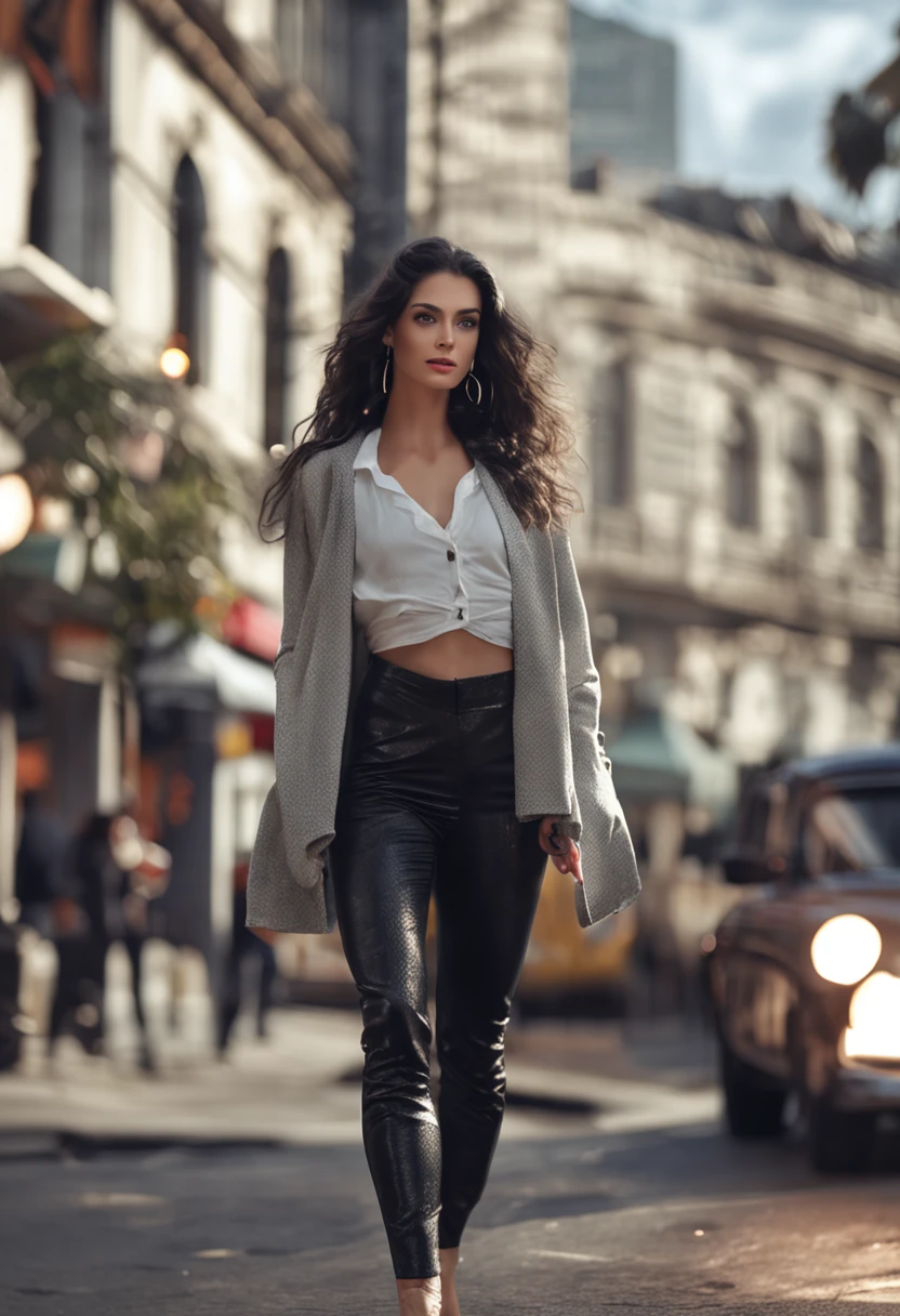 Hyper Realistic Photo, Full Body Walking, (OF A BEAUTIFUL WOMAN), Beautiful and detailed fascinations, captivating look with her beautiful gray eyes, Perfect anatomy, posing before a reflex camera, with natural and bright light, reflects the light and shines in her beautiful soft and slightly wavy black hair, fashionably dressed in black fashionable top and pants, a topmodel, with great self-confidence, 8K UHD, a masterpiece, 3D rendering