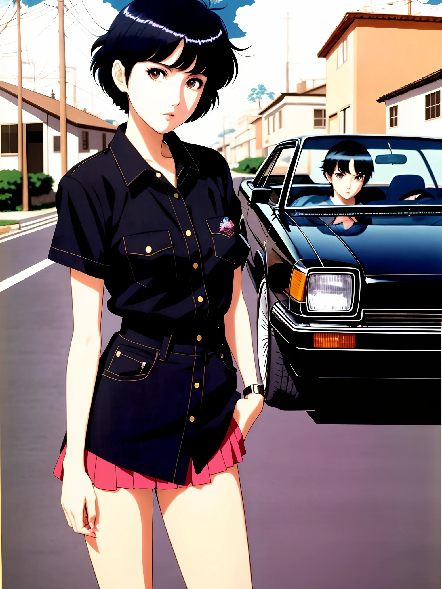 (masterpiece, best quality) 1girl, black hair, short hair, anime illustration, 80s style, 80s vibes, looking at viewer, standing, near car,