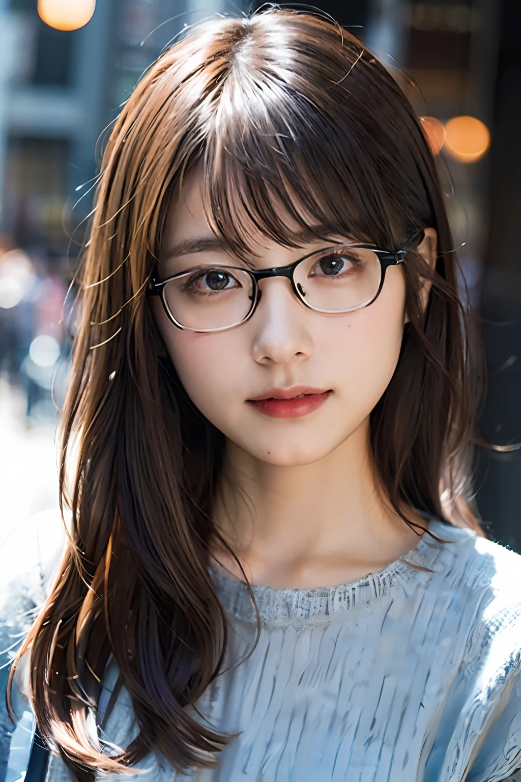 (8K、Raw photography、top-quality、masterpiece:1.2)、(realisitic、Photorealsitic:1.37)、ultra-detailliert、超A high resolution、1人、see the beholder、beautifull detailed face、A smile、Constriction、(Slim waist) :1.3)、Autumn clothes、Beautiful detailed skin、Skin Texture、Floating hair、Professional Lighting、Hokkaido、Square glasses with black rimming、Whole human body、Brown hair