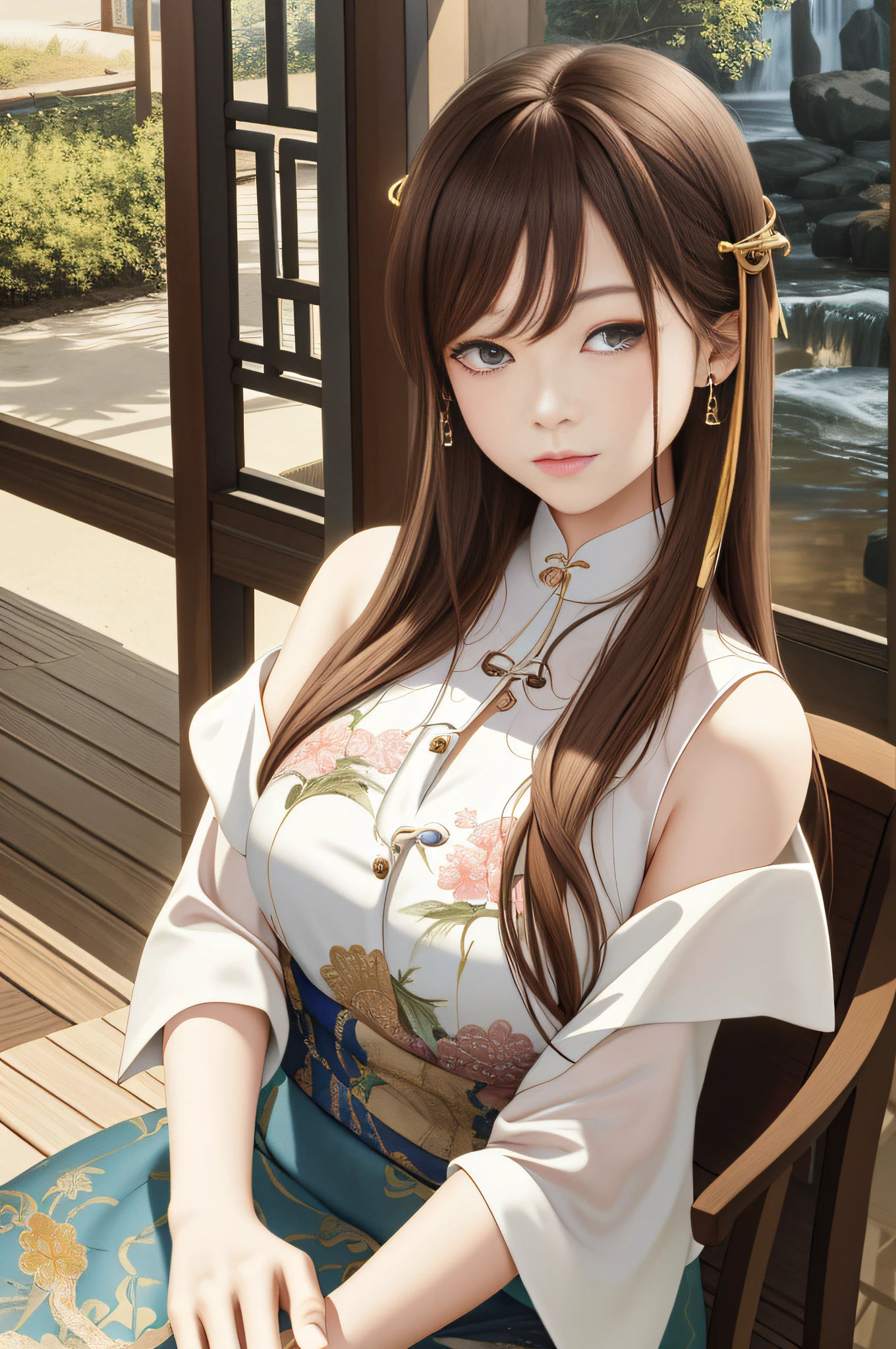 upper body, oil painting, masterpiece, best quality, highres, long brown hair, jewelry hairpin, breast, riverside and chair, sitting, song Dynasty, song clothing,