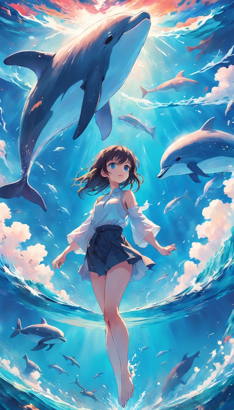 Pintura de una bandada de delfines nadando en un mar colorido, Look at the composition,Ballenas del cielo, inspirado por Cyril Rolando, dreamy psychedelic anime, colorful anime movie background, a beautiful artwork illustration, Autores:Sitao, Arte conceptual colorido, Makoto Shinkai Cyril Rolando, Al estilo de Cyril Rolando, ballenas voladoras, High Definition Watercolor 8k, acuarela muy detallada 8 K,octano,fin,realista,8k,Estilo Shinkai Makoto( Reasonable design, Clear lines, Alta nitidez,La mejor calidad, muy detallado, Masutepiece, Film light effects, 4k )