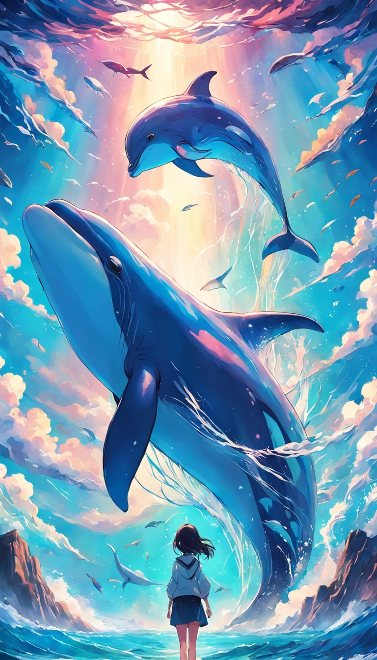 Painting of a dolphin swimming in colorful ocean, Look up at the composition，sky whales, Inspired by Cyril Rolando, dreamy psychedelic anime, colorful anime movie background, A beautiful artwork illustration, author：Shitao, colorful concept art, Makoto Shinkai Cyril Rolando, In the style of Cyril Rolando, flying whale, Highly detailed watercolor 8K, highly detailed water colour 8 k，octane，Fine，Realistic，8K，Estilo de Makoto Shinkai( reasonable design, Clear lines, High sharpness,Best quality, Very detailed, Masterpiece, movie light effect, 4K )