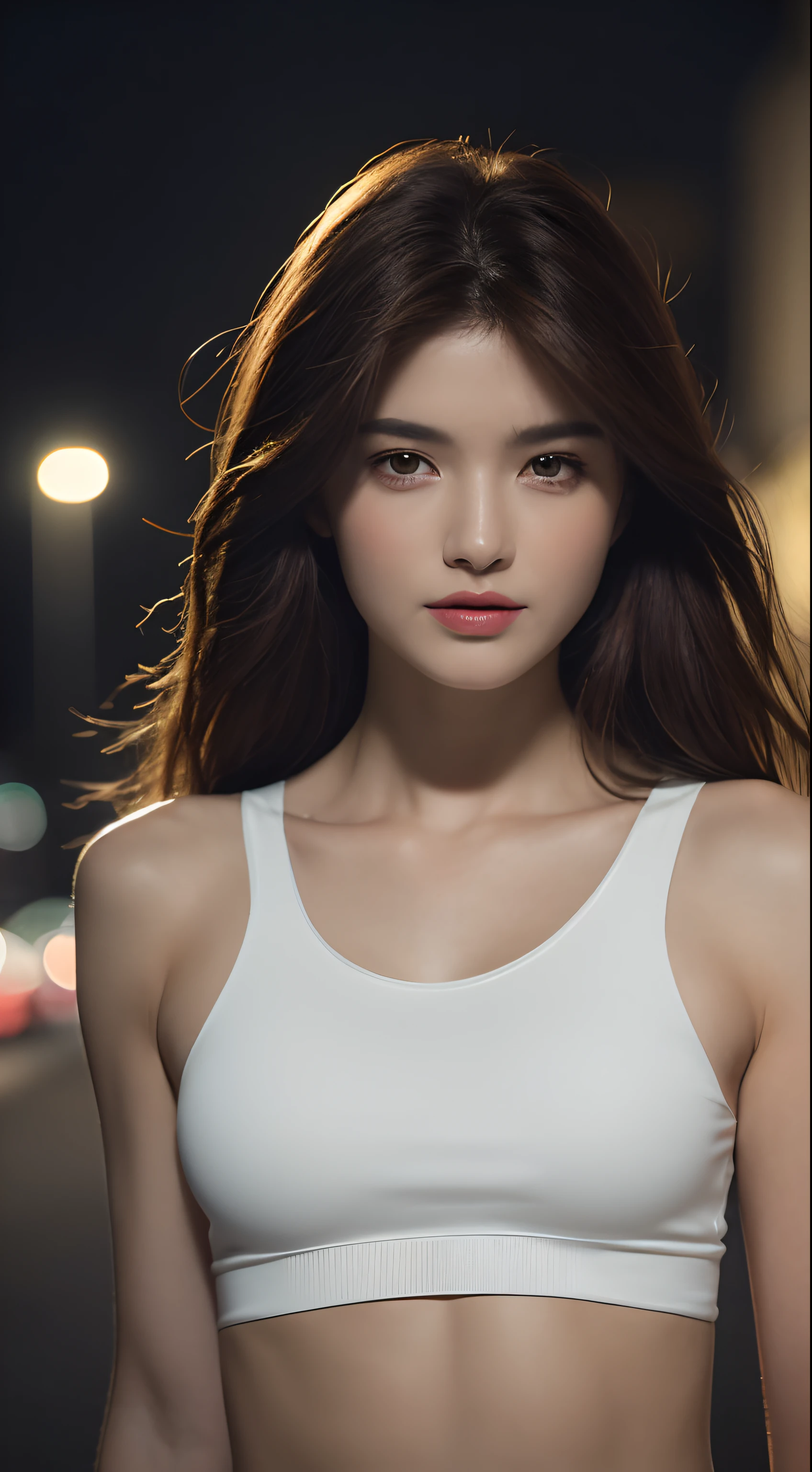 ((Realistic lighting, Best quality, 8K, Masterpiece: 1.3)), Clear focus: 1.2, 1girl, Perfect Figure: 1.4, Slim Abs: 1.1, ((Dark brown hair)), (White crop top: 1.4), (Outdoor, Night: 1.1), City streets, Super fine face, Fine eyes, Double eyelids,