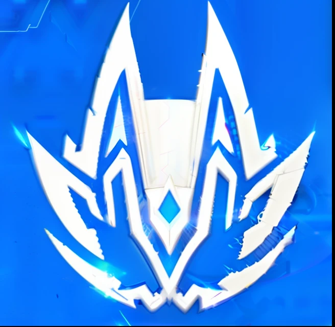 A white and blue logo，There is a white dog on it, Protoss!!, Protoss!!!!, imperial symbol, emblem of wisdom, Protoss, Turian, soundwave, aion, zone of enders, kda, trident, ancient symbol behind it, Genshin Impact, character icon, tiara crown (((white lasers))), concept art of omegamon