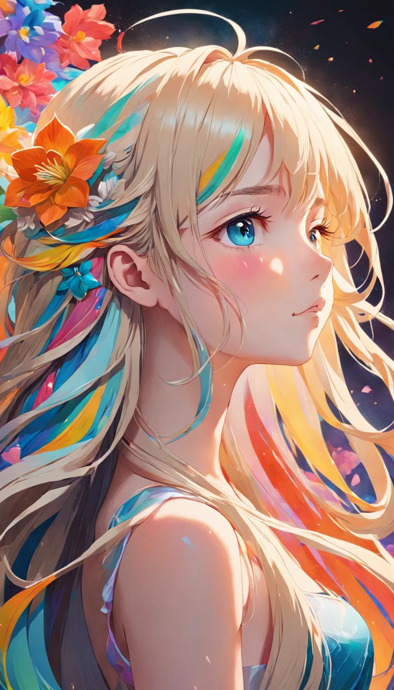 (Beauty side face,Long colored hair,closing her eyes,Masterpiece Narcissus),with rainbow colored background, (illustration:1.2,paper art:1.2, zentangle, a 3D render),(Best quality, high detal, masutepiece, Cinematic lighting, 4K, Chiaroscuro)