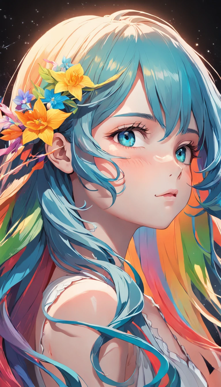 (Beauty side face,Long colored hair,closing her eyes,Masterpiece Narcissus),with rainbow colored background, (illustration:1.2,paper art:1.2, zentangle, a 3D render),(Best quality, high detal, masutepiece, Cinematic lighting, 4K, Chiaroscuro)