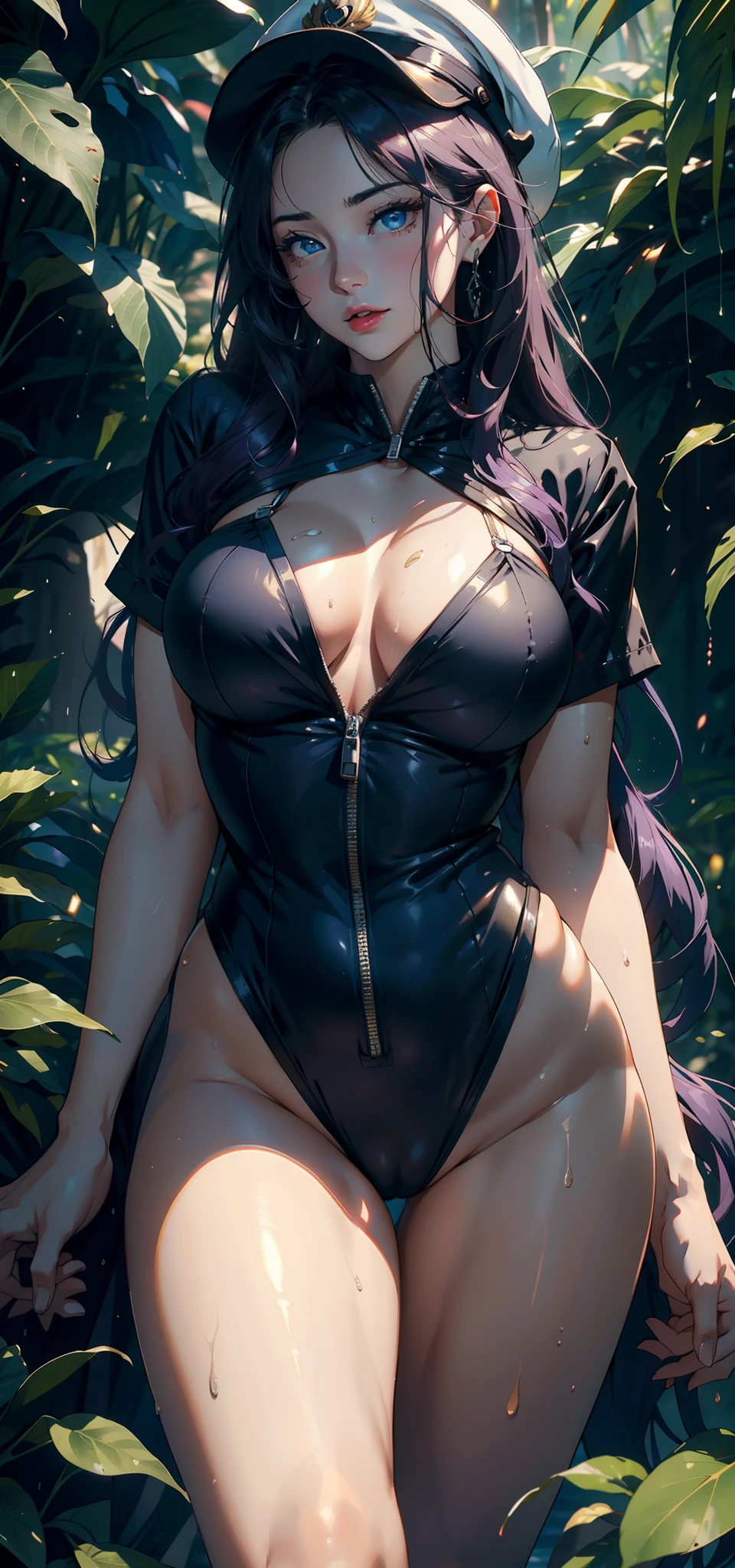 1female，36 years old，熟妇，mature，Bigchest，Big breasts Thin waist，long leges，Raised sexy，Pornographic exposure， 独奏，（Background with：ln the forest，the rainforest，in summer） She has long purple hair，standing on your feet，Sweat profusely，drenched all over the body，seen from the front， hair straight， mostly cloudy sky，（（（tmasterpiece），（Very detailed CG unity 8K wallpaper），best qualtiy，cinmatic lighting，detailed back ground，beatiful detailed eyes，Bright pupils，（Very fine and beautiful），（Beautiful and detailed eye description），blue color eyes，Redlip，ultra - detailed，tmasterpiece，）），facing at camera，（The upper part of the body），A high resolution，ultra - detailed），revealing breasts，Bare genitalia，  Bulge，legs are open，sexyposture，Camel toes，Flushed complexion，Open-mouthed，frontage，Big high school girl，Sailor's cap，（Wearing：a sailor suit，Black jumpsuits）