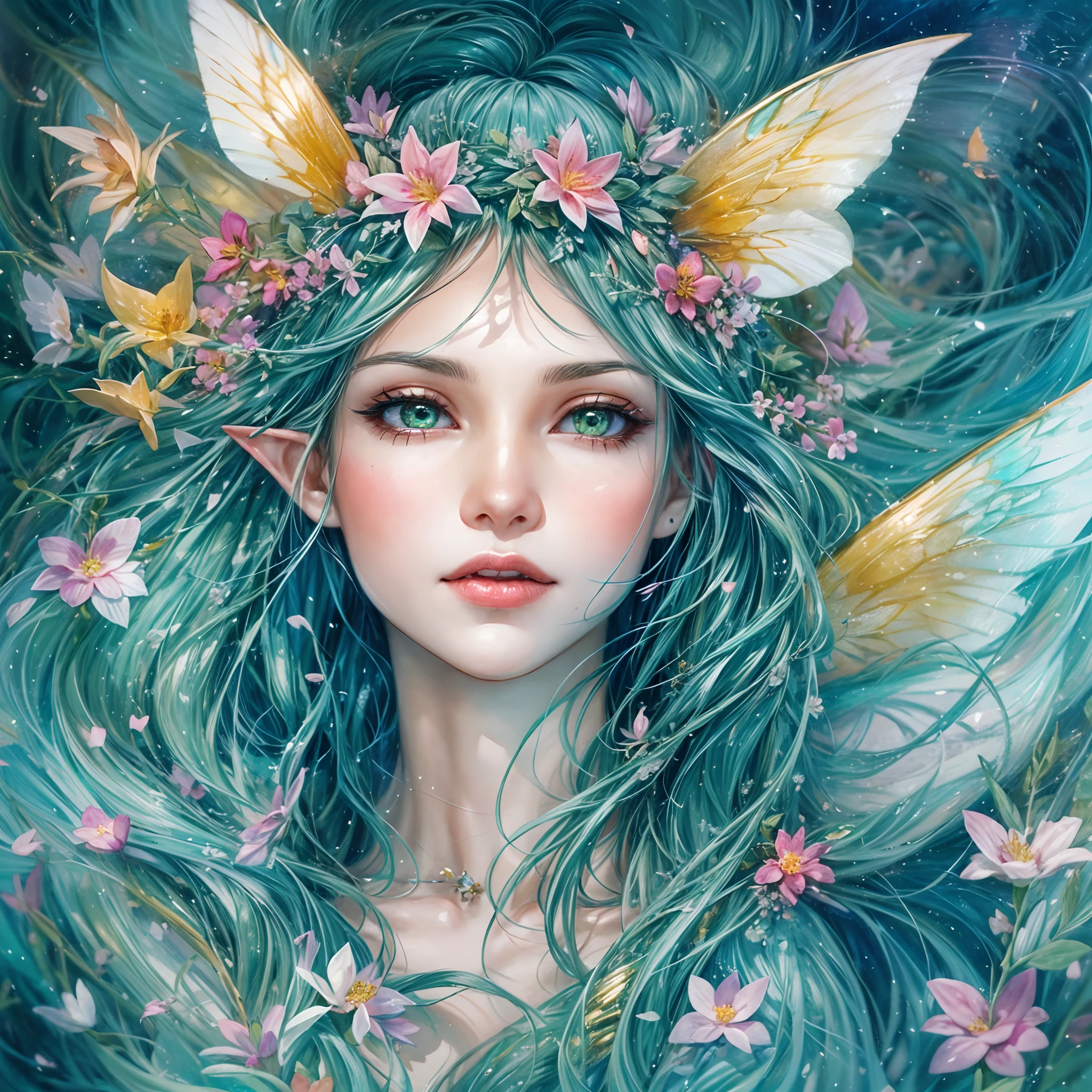 (Watercolor-style with a touch of vivid colors) Portrait, Depict an elf with resplendent, iridescent wings reminiscent of butterflies and dragonflies. Set against a backdrop of swirling, vibrant flower petals, an enchanting aura envelops the scene as the petals dance around the elf, conjuring an ethereal spectacle. The elf's eyes, a brilliant shade of emerald green or deep sapphire blue, mirror the enchantment of the natural world. Bathed in a gentle, warm light, intricate details of the elf's attire, delicate flower petals, and the glistening wings come to life. The composition radiates serenity and awe, capturing a flower fairy lost in a moment of beauty and grace.