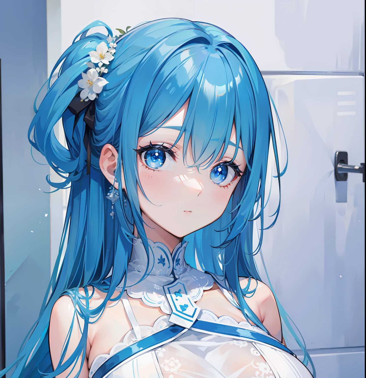 blue hairs，Blue and white clothes，Sexy big breasts，Sell cute very cute sweet girl