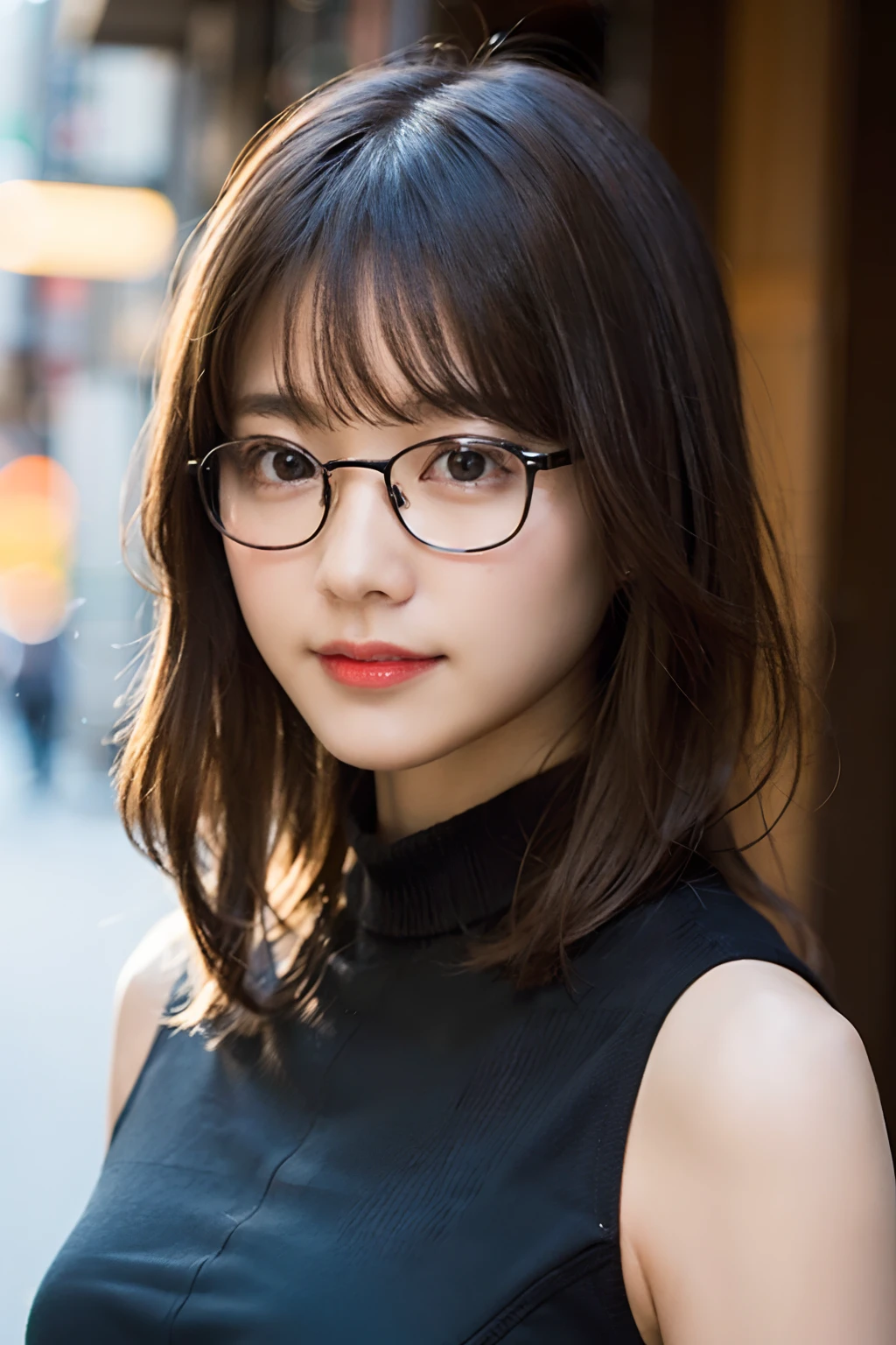 (8K、Raw photography、top-quality、masterpiece:1.2)、(realisitic、Photorealsitic:1.37)、ultra-detailliert、超A high resolution、1人、see the beholder、beautifull detailed face、A smile、Constriction、(Slim waist) :1.3)、Autumn clothes、Beautiful detailed skin、Skin Texture、Floating hair、Professional Lighting、Hokkaido、Square glasses with black rimming、Whole human body、Brown hair