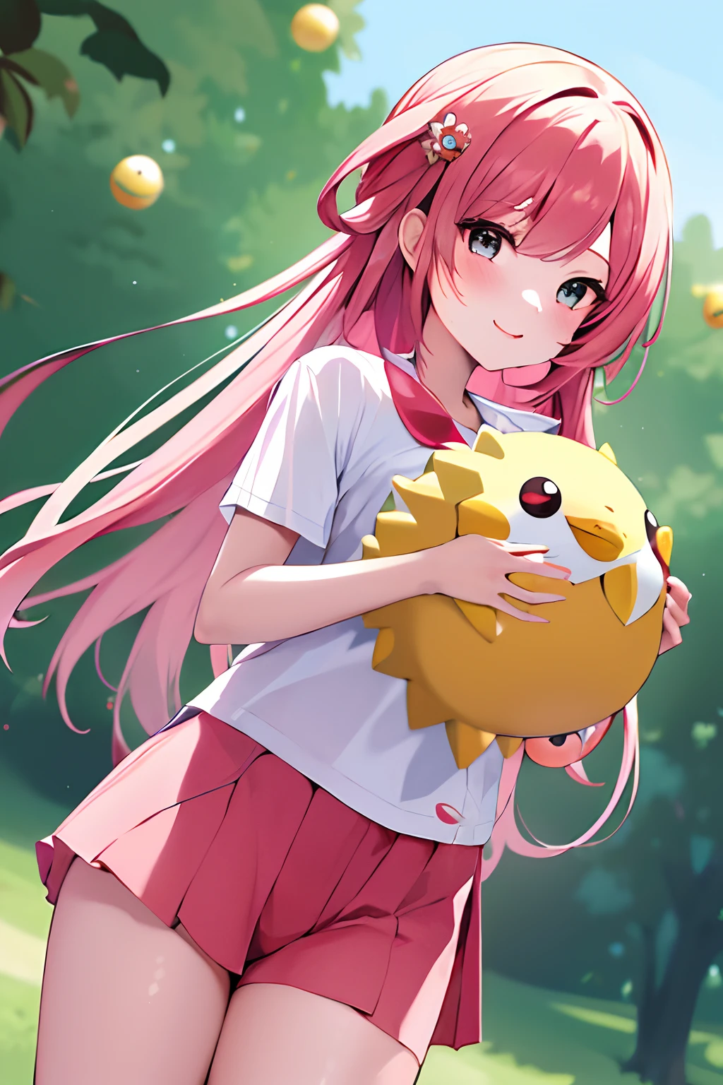 masterpiece, best quality, highres, iono1, 1girl, long hair,1girl with long pink hair with neko ear,  hair ornament, cowboy shot, (holding poke_ball), poke ball \(basic\), pokemon, Togepi (Togepi), pokeball